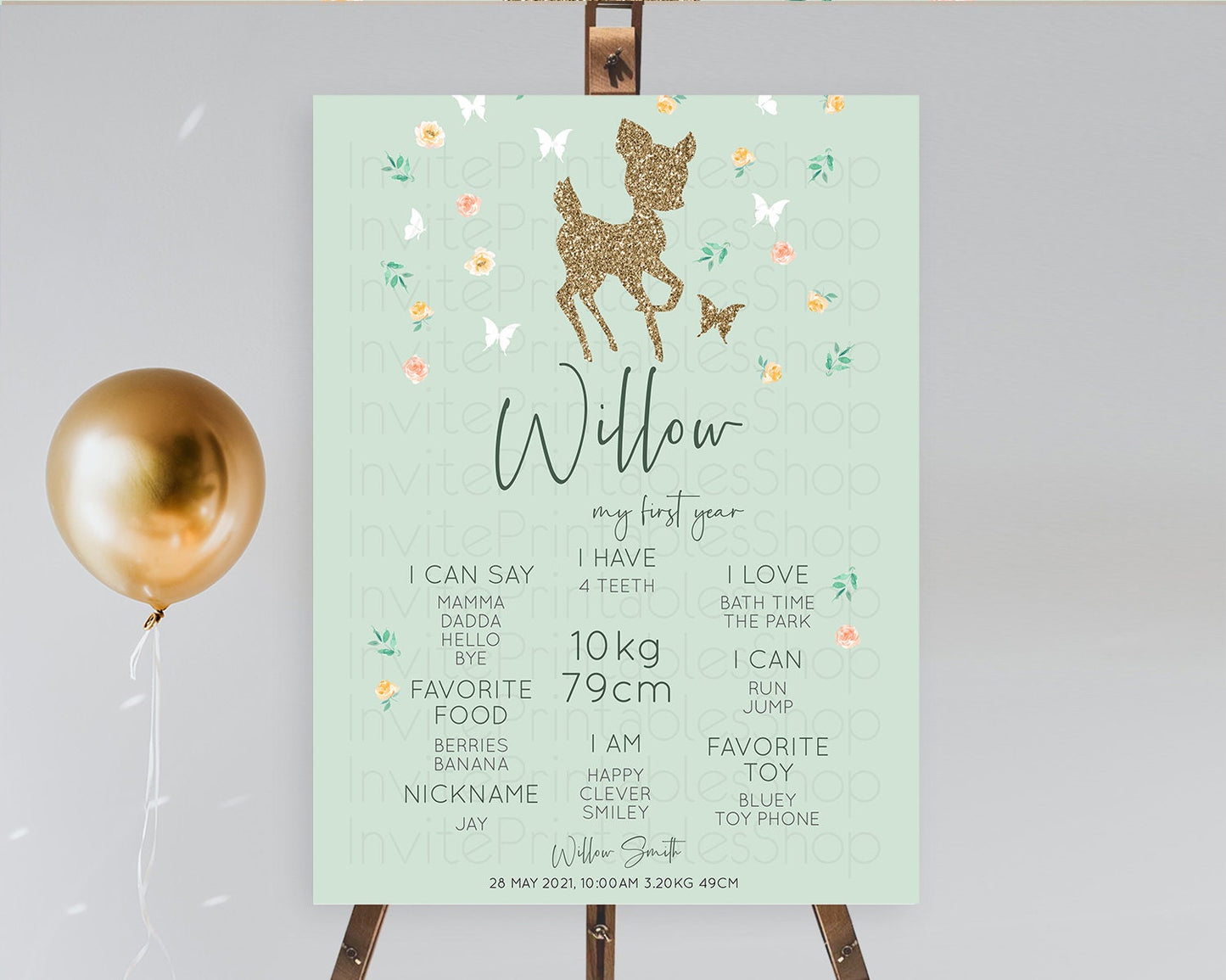 Fawn First Birthday Milestone Board Deer First Birthday Milestone Poster Enchanted Forest Butterfly Pastel Flowers 1st Birthday Sign D10385