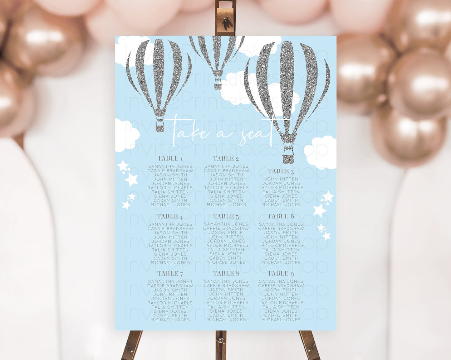 Hot Air Balloon Seating Chart Hot Air Balloon Seating Chart Adventure Awaits Up & Away Glitter Blue Watercolor Seating Take a Seat D10335