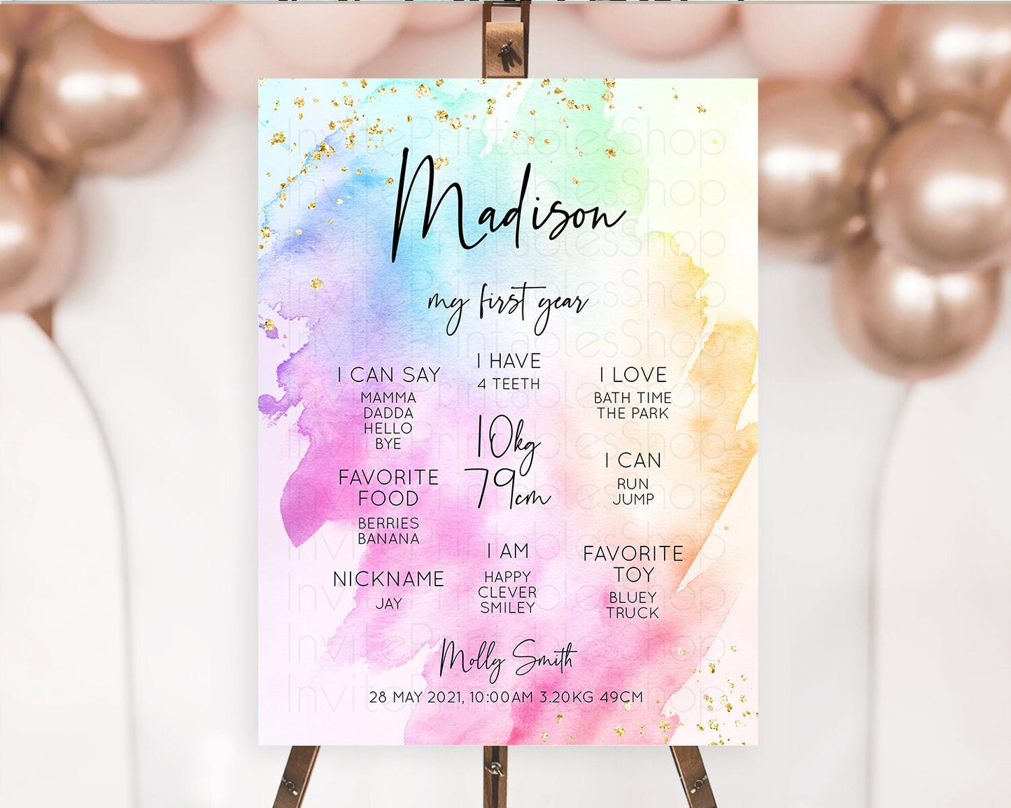 Pastel First Birthday Milestone Board Pastel Rainbow Milestone Poster Colorful Confetti Watercolor Glitter 1st Birthday Welcome Sign D10449