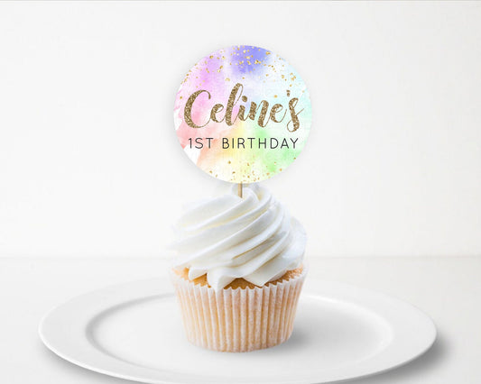 Editable Rainbow Cupcake Toppers Pastel Cupcake Toppers Colorful Pastel Wate