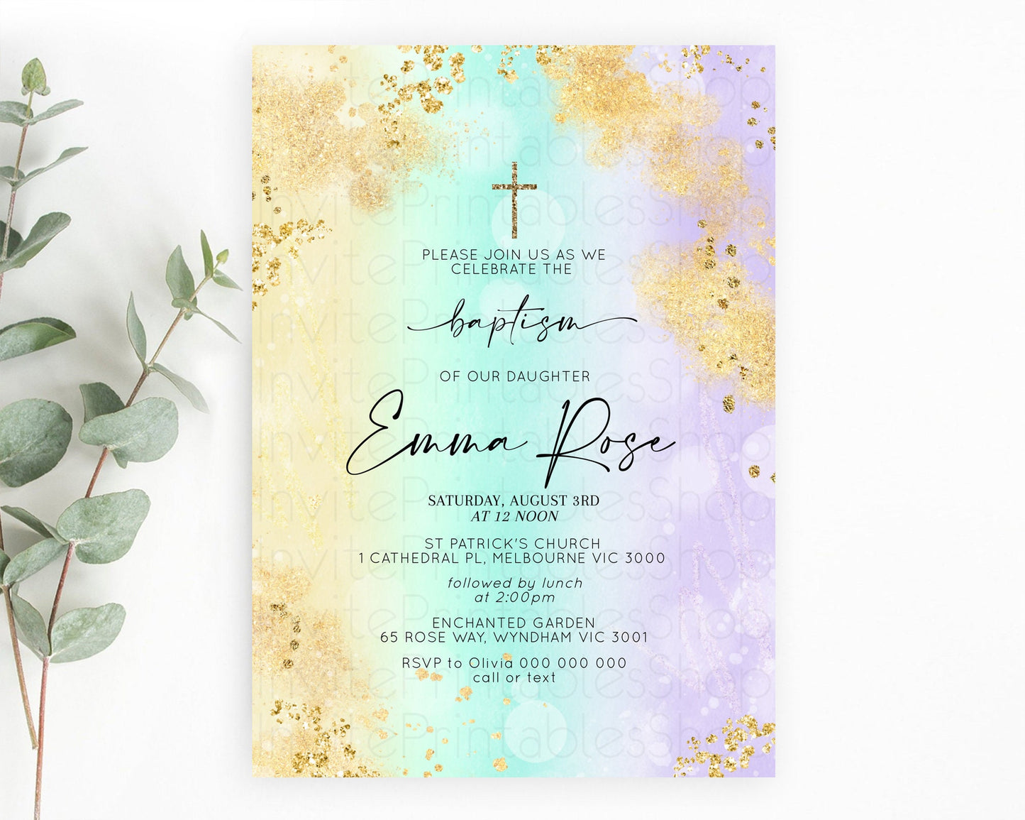 Pastel Baptism Invitation Pastel Colors Watercolor Baptism 1st Birthday Party Gold Ombre Pastel Rainbow Christening Holy Communion D10672