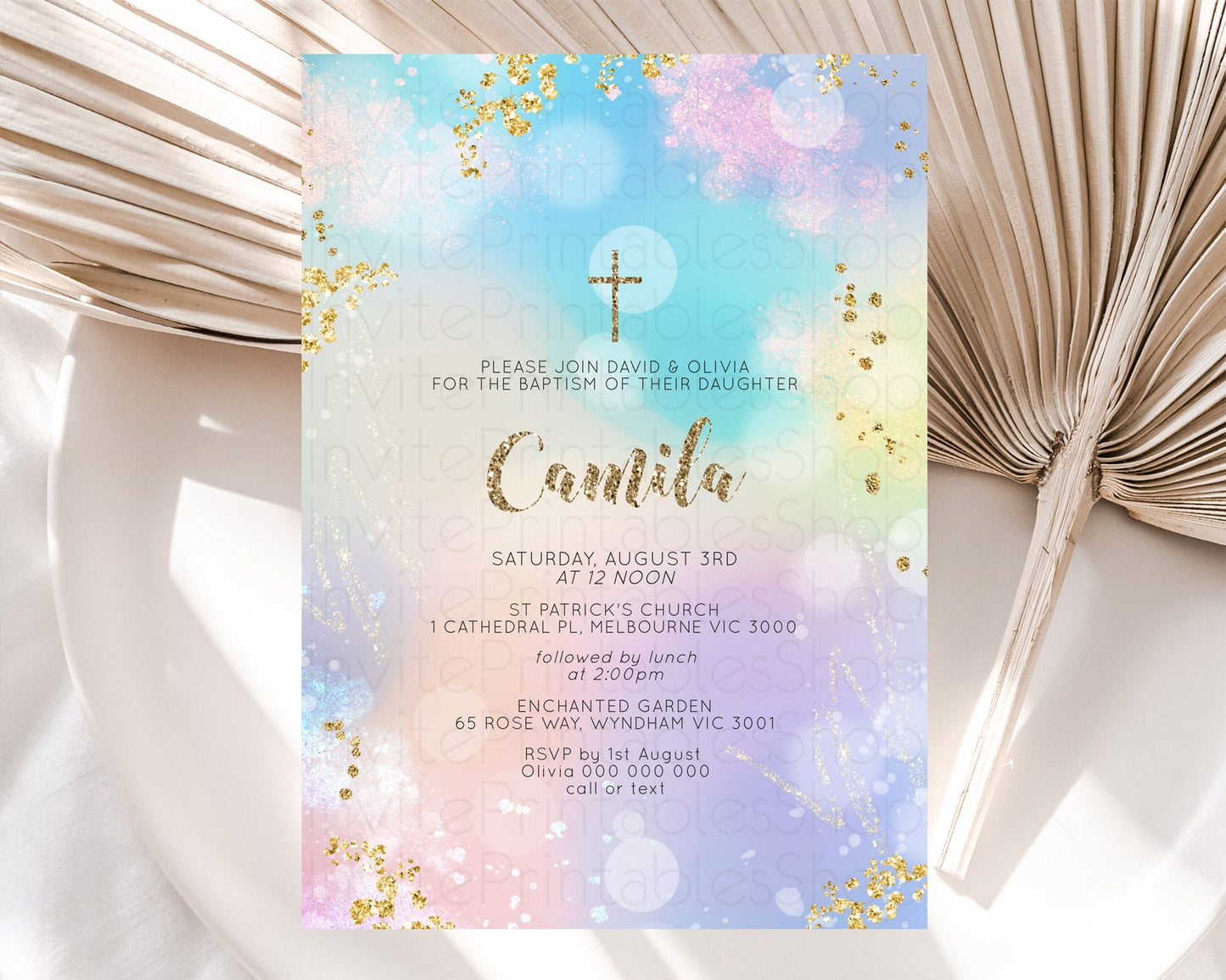 Pastel Baptism Invitation Pastel Colors Watercolor Baptism 1st Birthday Party Gold Ombre Pastel Rainbow Christening Holy Communion D10677