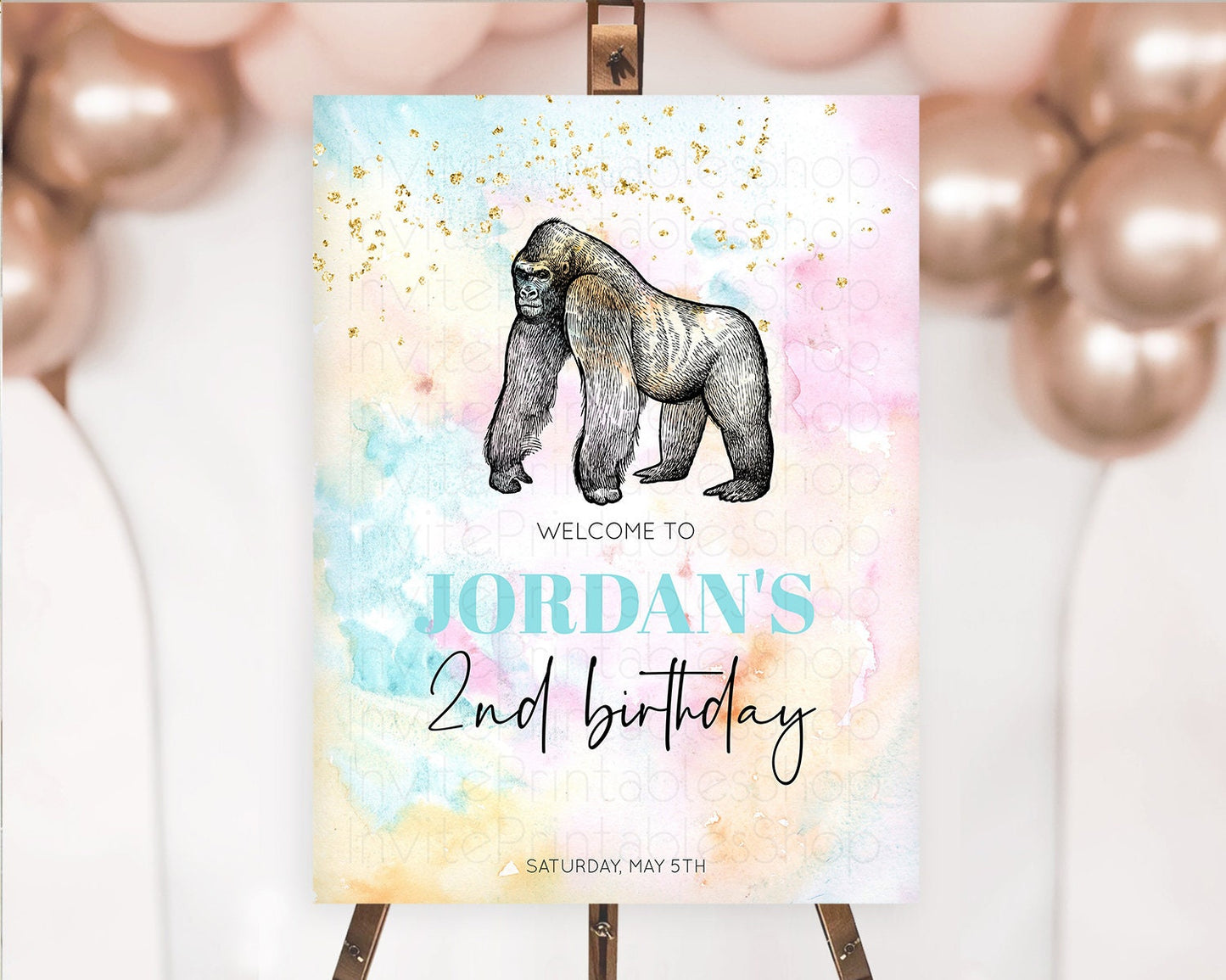 Pastel Gorilla Welcome Sign Rainbow Gorilla Welcome Board Colorful Rainbow Pastel Confetti Watercolor First Birthday Welcome Sign D10284