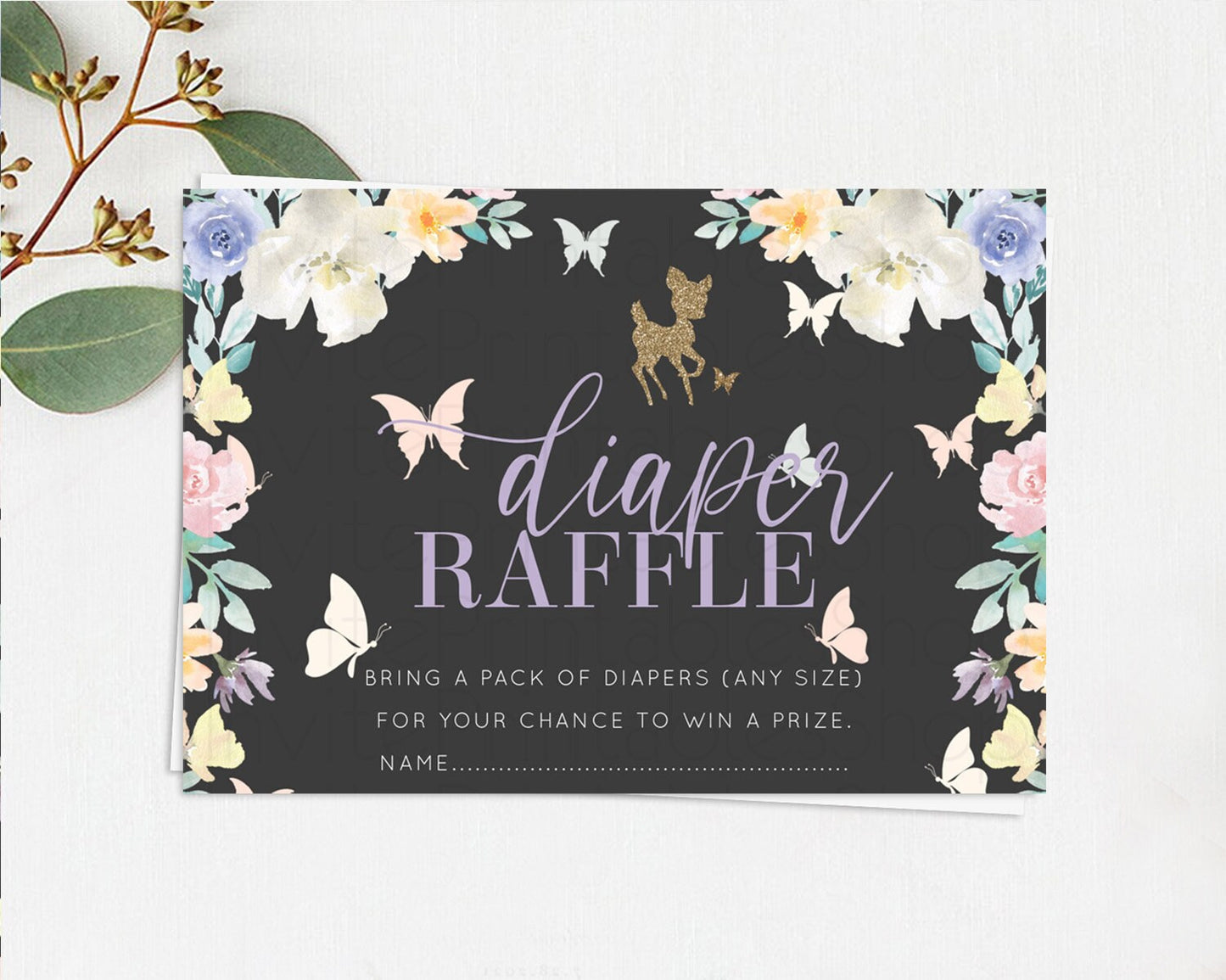 Fawn Diaper Raffle Card Deer Diaper Insert Floral Deer Diaper Ticket Enchanted Forest Butterfly Pastel Baby Shower Raffle Game D10323