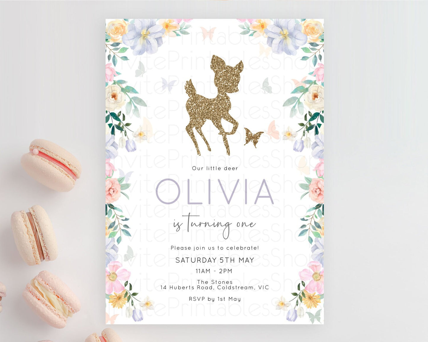 Fawn Birthday Invitation Deer Birthday Invitation Enchanted Forest Party Butterfly Pastel Flowers Whimsical 2nd 1st First Birthday D10477