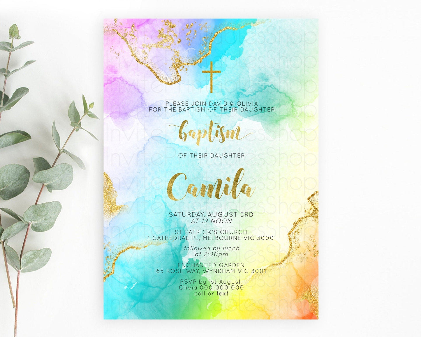 Pastel Baptism Invitation Pastel Colors Watercolor Baptism 1st Birthday Party Gold Ombre Pastel Rainbow Christening Holy Communion D10392