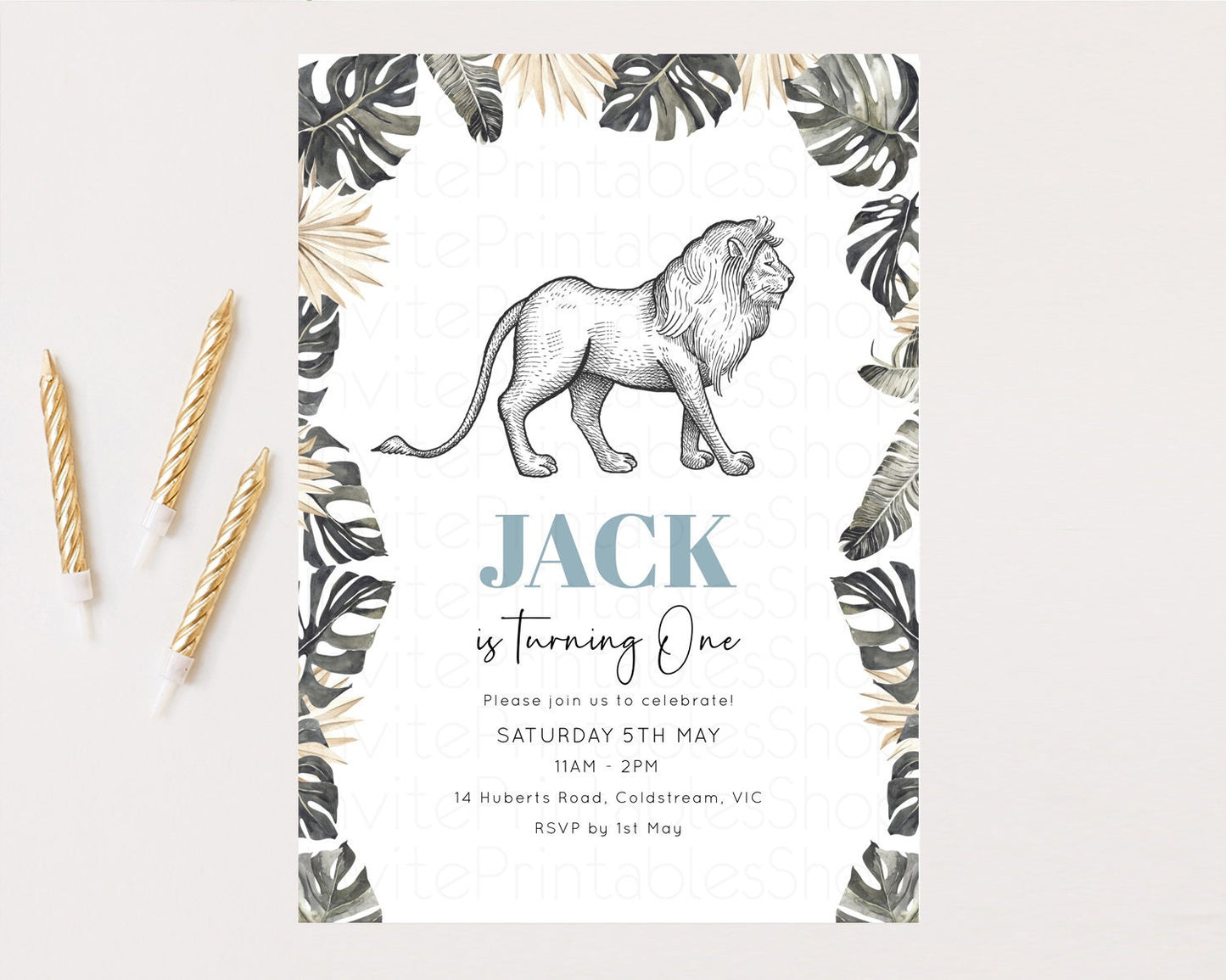 Lion Birthday Invitation Lion Invitation Tropical Palms Invitation Jungle Safari Adventure Zoo Party Wild Party Animal 1st 2nd 3rd p249