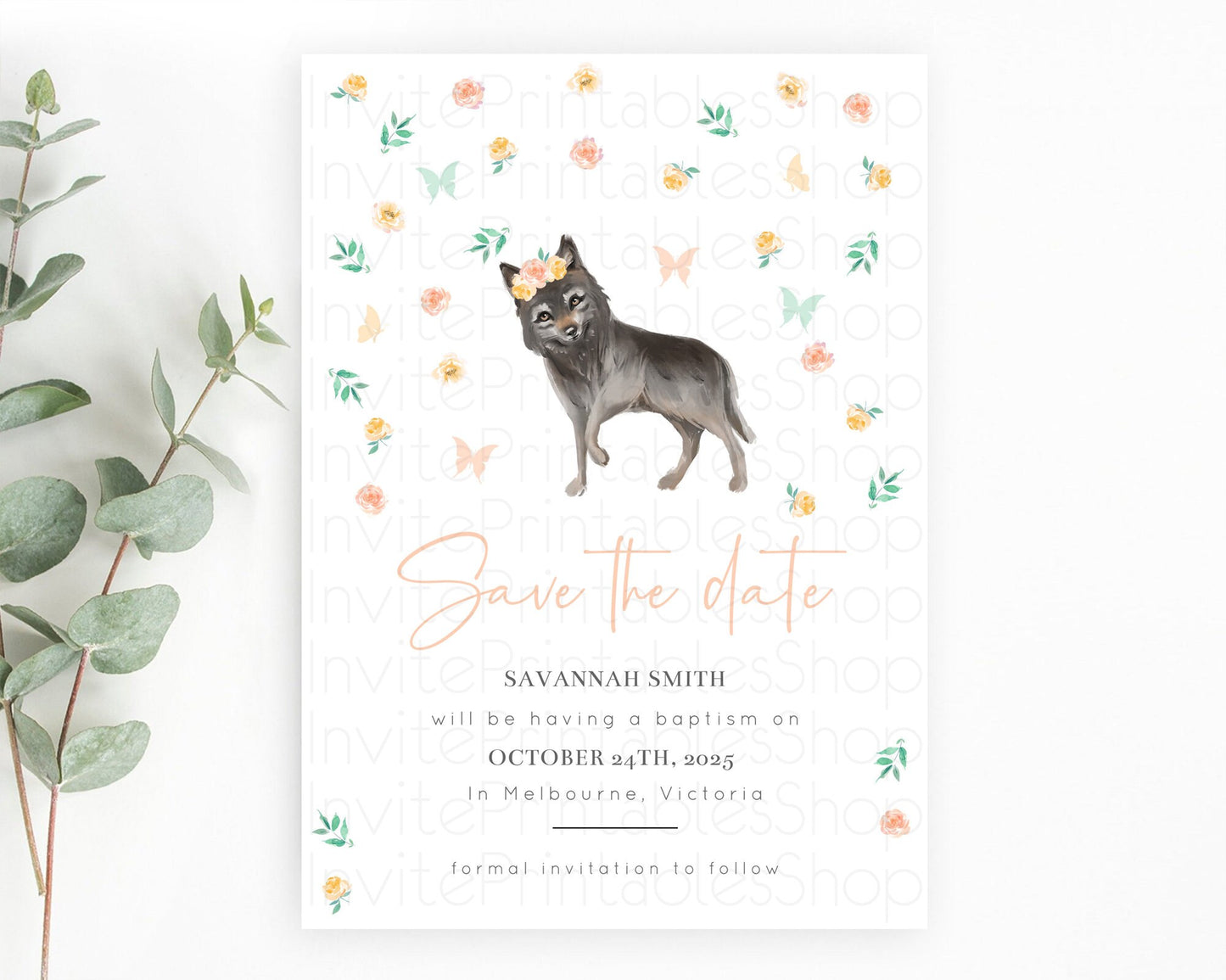 Wolf Save The Date Template Pastel Floral Wolf Party Forest Adventure Wilderness Theme 1st Birthday Baptism Christening Baby Shower D10362