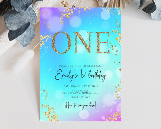 Bright Blue Purple Birthday Invitation Underwater Birthday Invitation Ombre Blue Invite Watercolor Invite Glitter Mermaid Invite 572