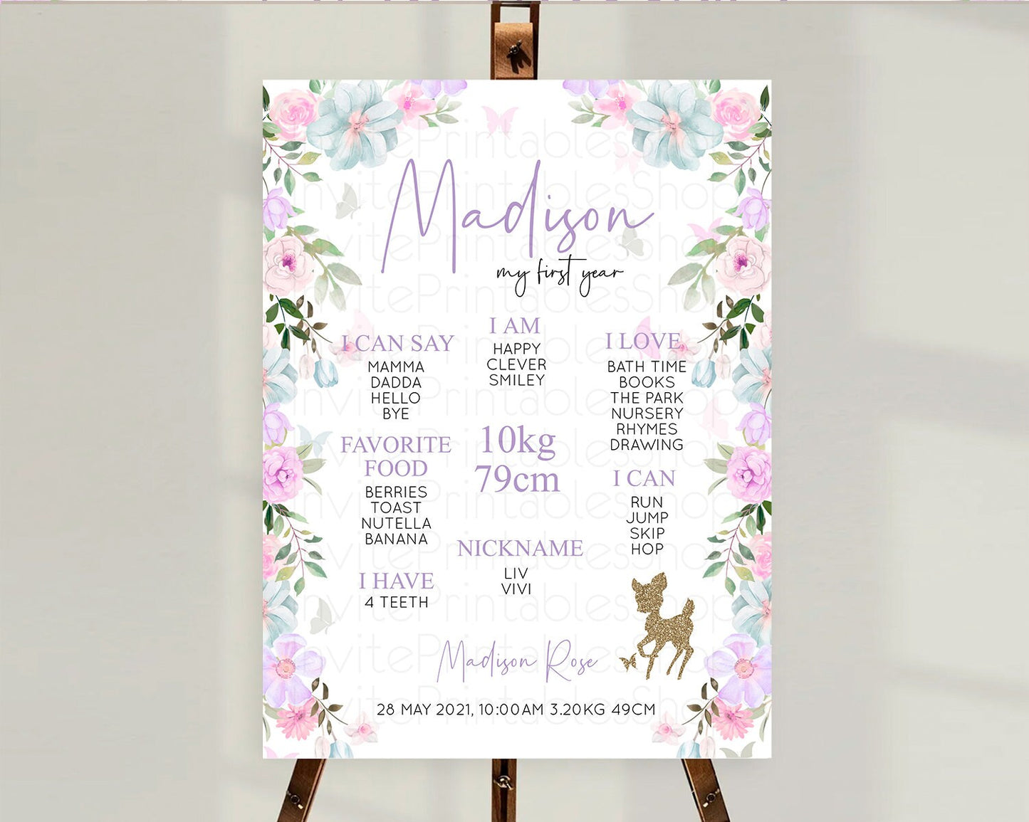 Fawn First Birthday Milestone Board Deer First Birthday Milestone Poster Enchanted Forest Butterfly Pastel Flowers 1st Birthday Sign D10476