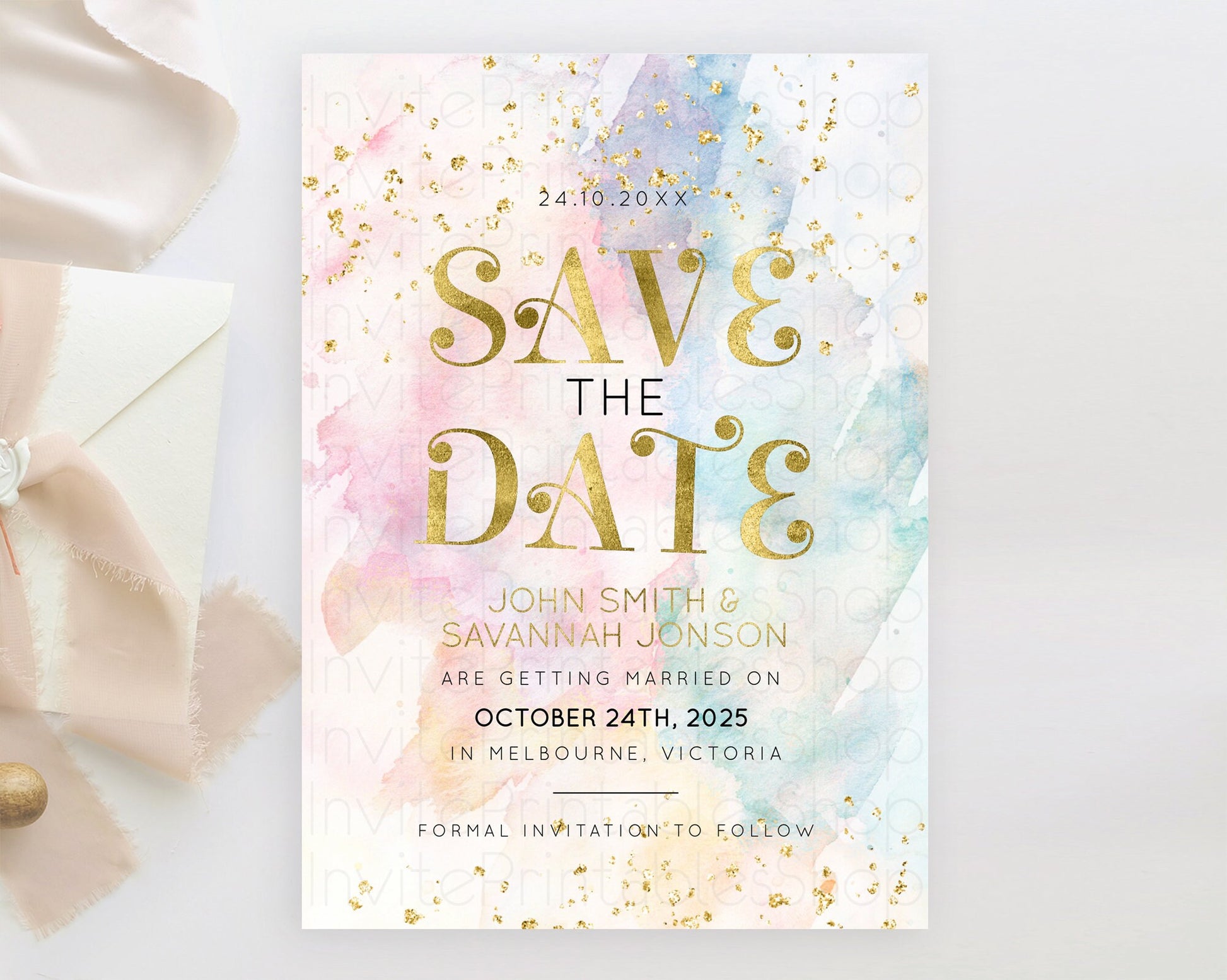 Editable Pastel Save The Date Template Pastel Ombre Rainbow Watercolor Color