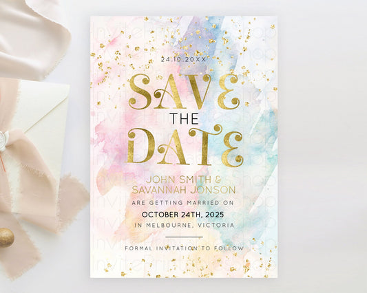 Editable Pastel Save The Date Template Pastel Ombre Rainbow Watercolor Color