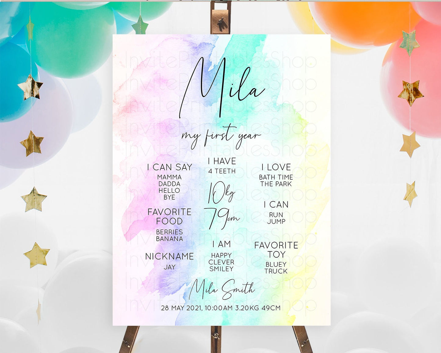 Pastel First Birthday Milestone Board Pastel Rainbow Milestone Poster Colorful Confetti Watercolor Glitter 1st Birthday Welcome Sign D10231
