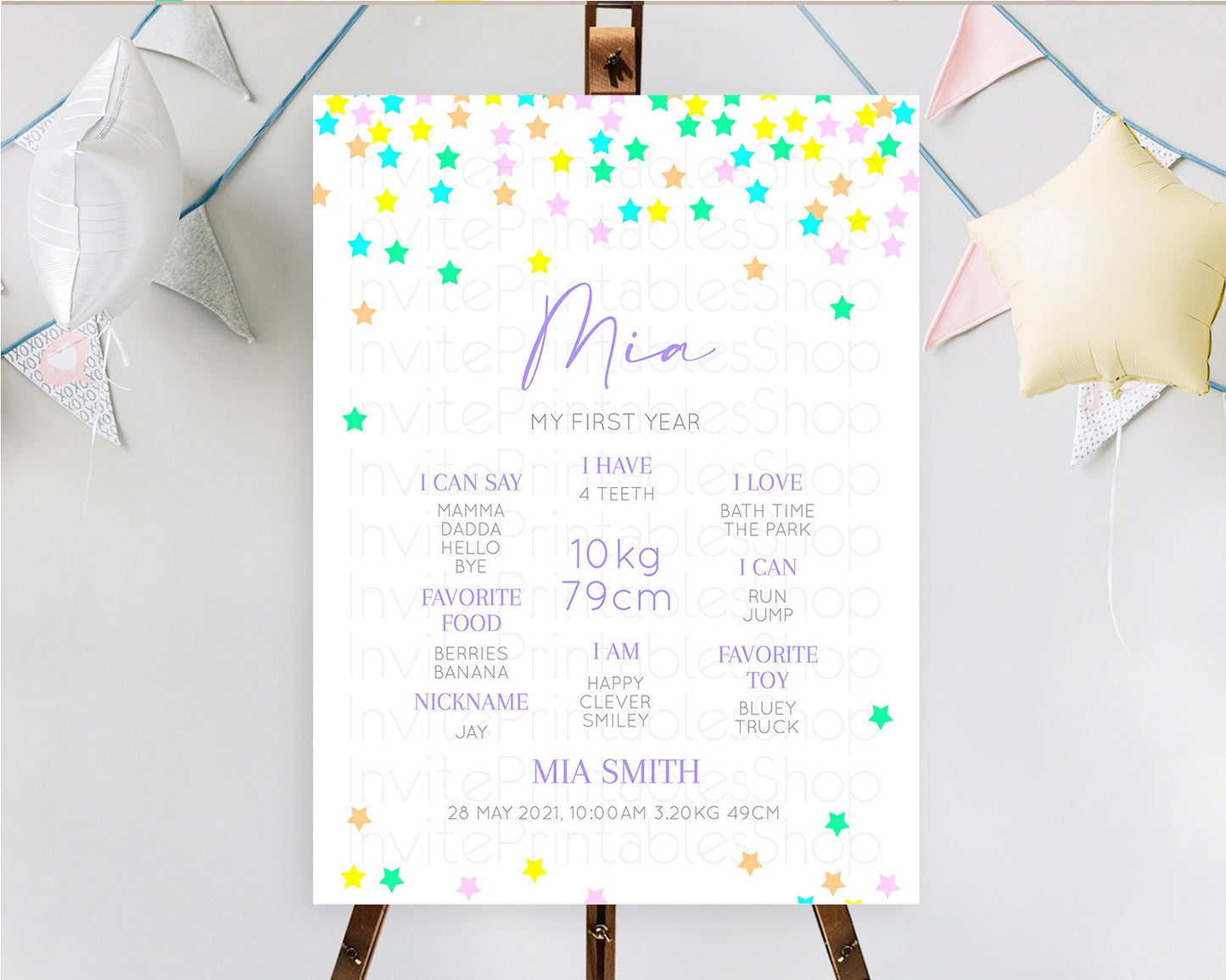 Star First Birthday Milestone Poster Pastel Stars Milestone Shooting Star Rainbow Colorful Confetti Twinkle Little Star 1st Birthday D10395