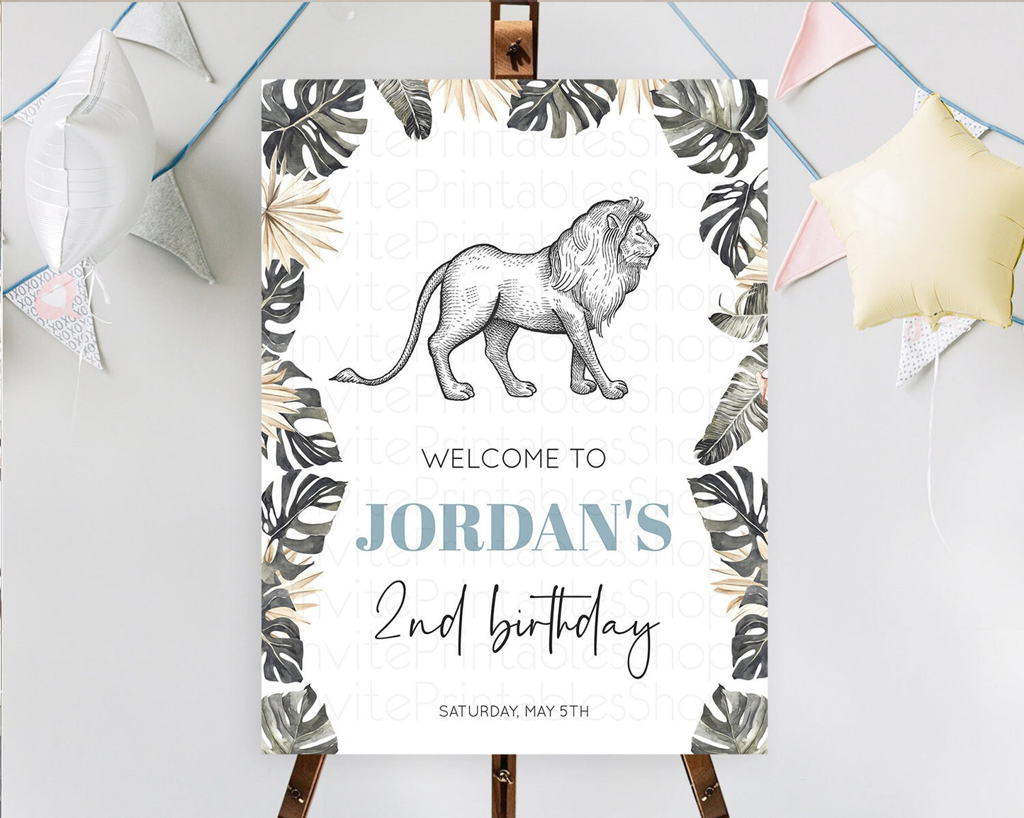 Lion Welcome Sign Lion Welcome Board Lion Party Welcome Poster Dried Palm Fern Safari Party Decor Lion First Birthday Welcome Sign D10807