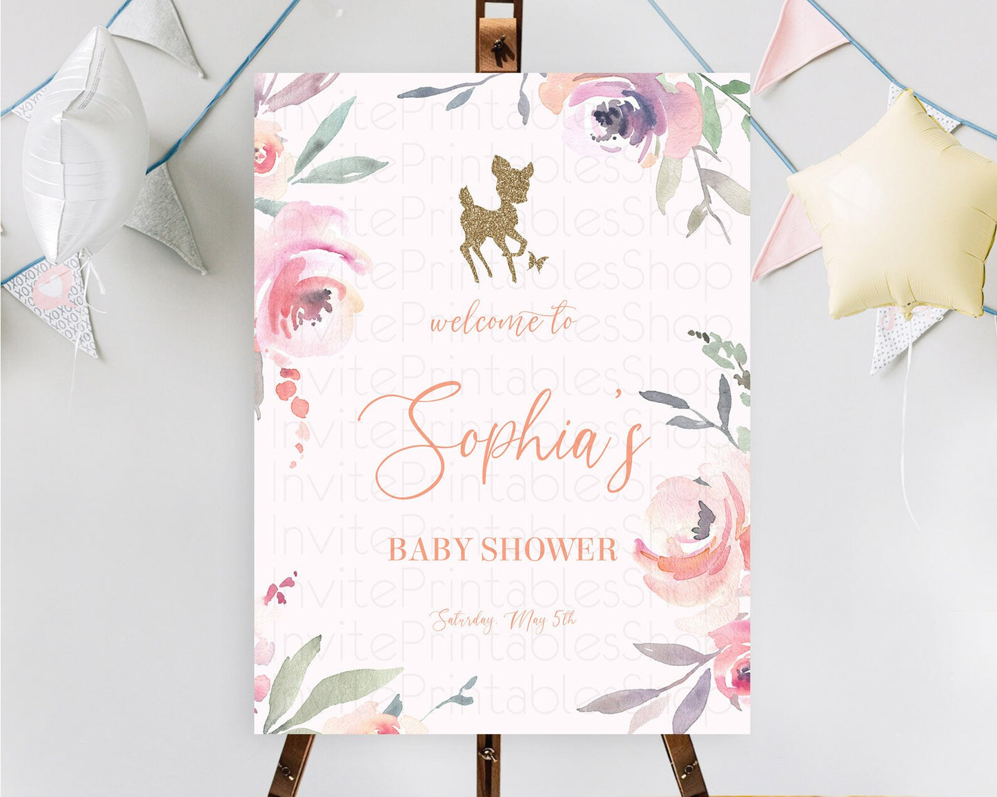 Fawn Baby Shower Welcome Sign Deer Welcome Board Floral Deer Welcome Poster Enchanted Forest Butterfly Pastel Floral Welcome Sign D10196