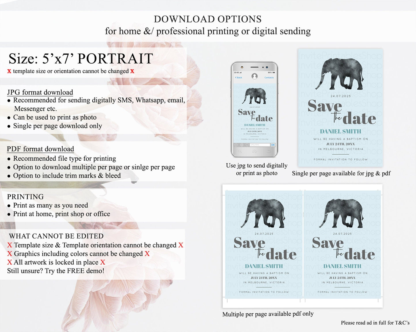 Elephant Save The Date Template Elephant Safari Adventure Party Dried Palm Fern Zoo 1st Birthday Baptism Baby Shower Bridal Shower D10802