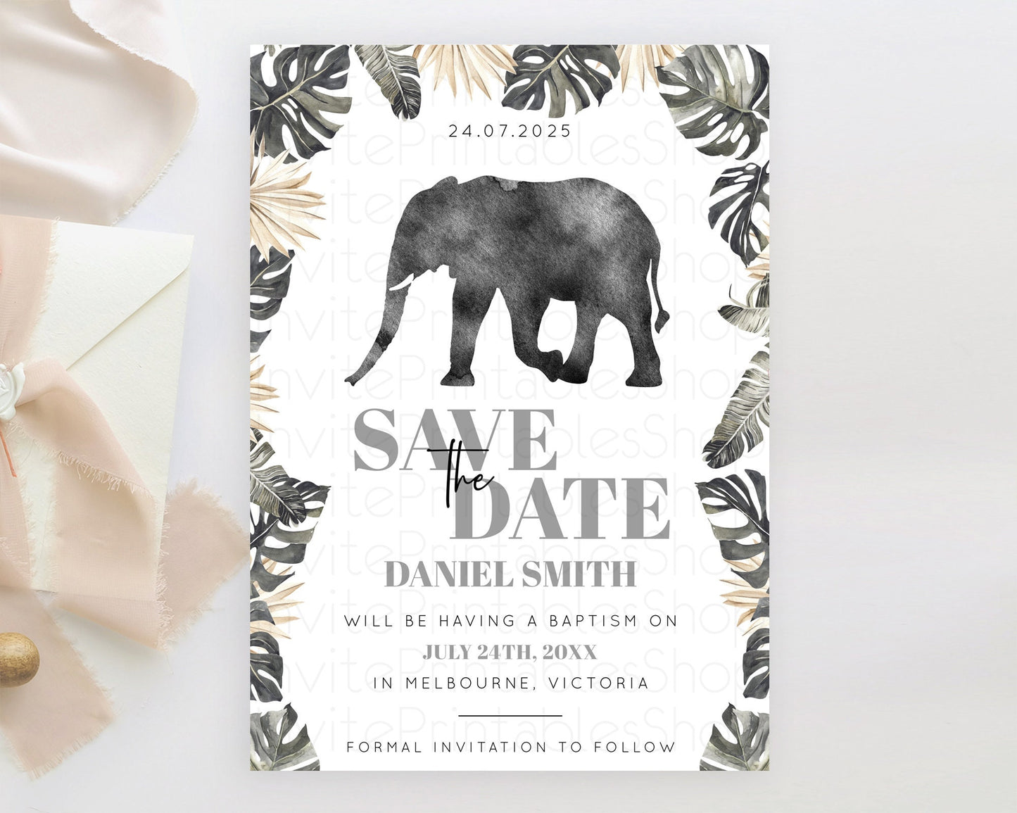 Elephant Save The Date Template Elephant Safari Adventure Party Dried Palm Fern Zoo 1st Birthday Baptism Baby Shower Bridal Shower D10803