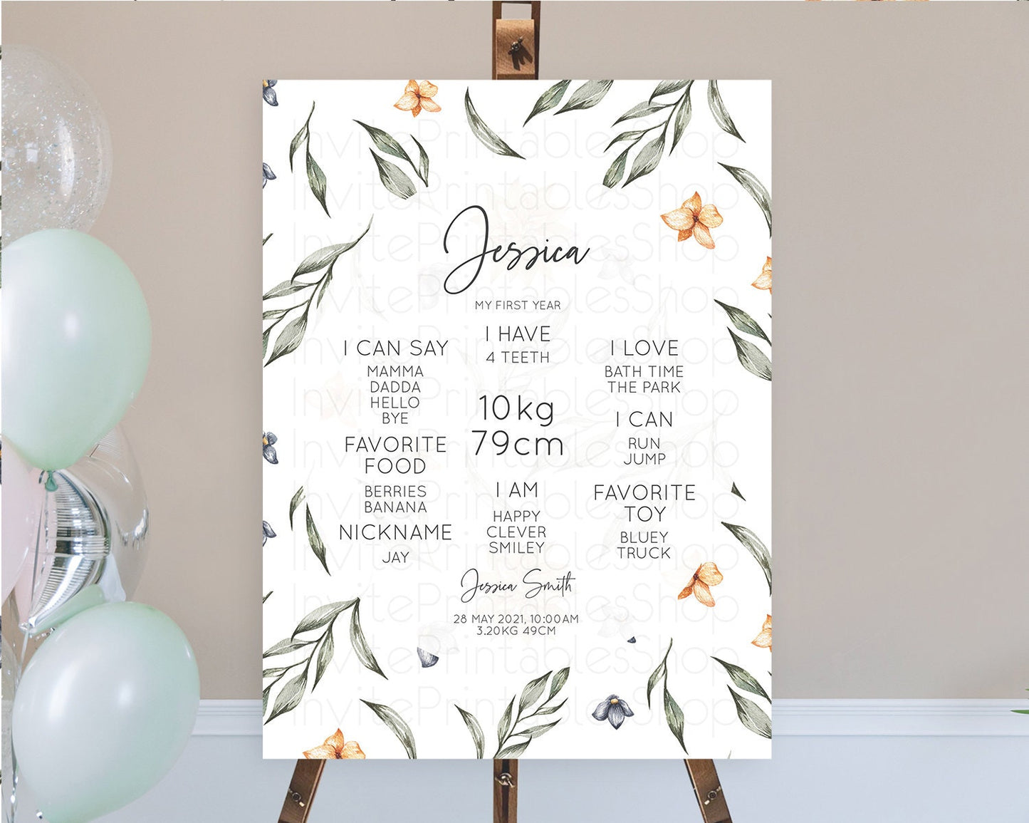 Leafy First Birthday Milestone Board Green Leaf Milestone Poster Greenery Eucalyptus Fern Spray Leaves Watercolor 1st Birthday Sign D10544