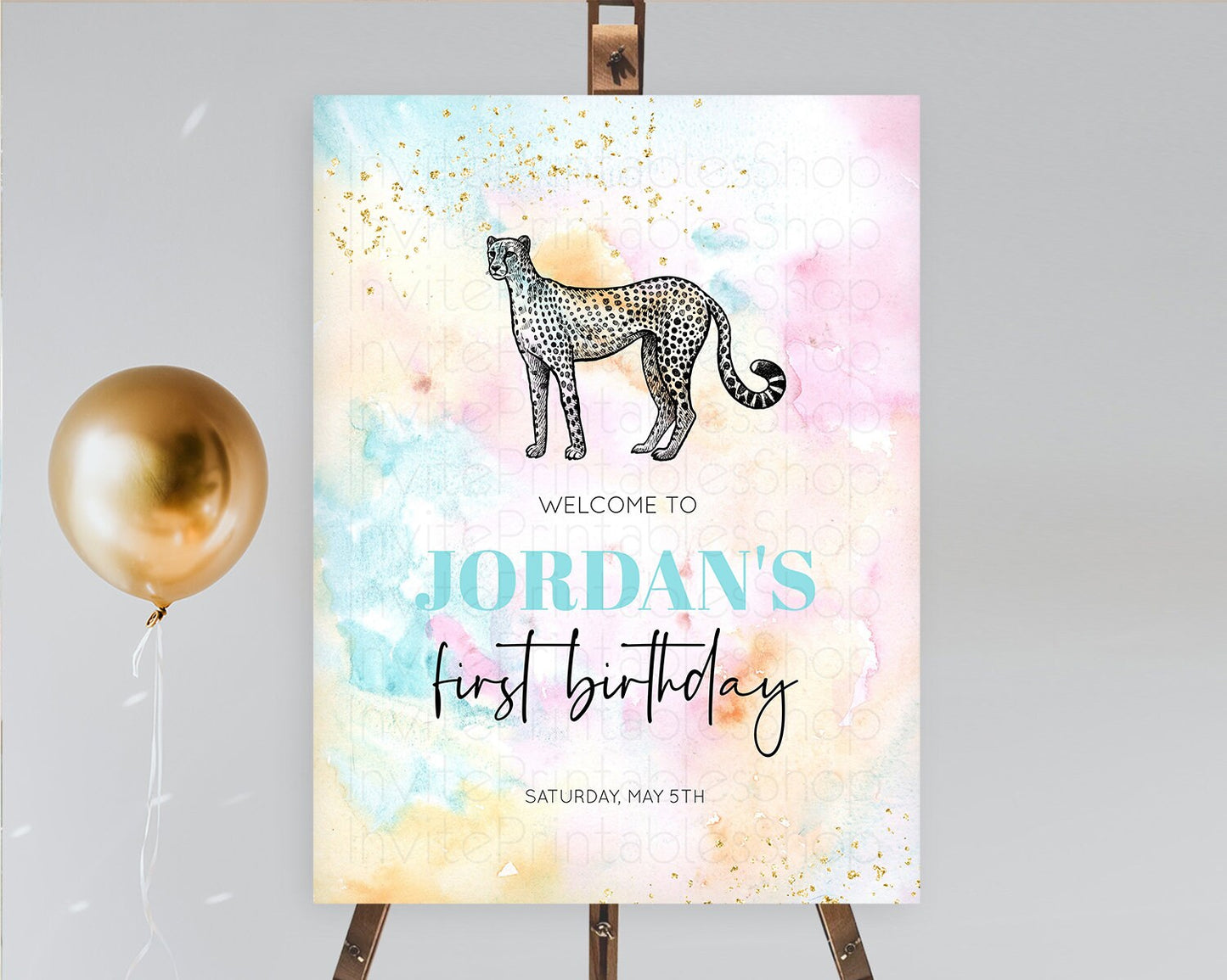 Pastel Cheetah Welcome Sign Rainbow Cheetah Welcome Board Colorful Rainbow Pastel Confetti Watercolor First Birthday Welcome Sign D10289