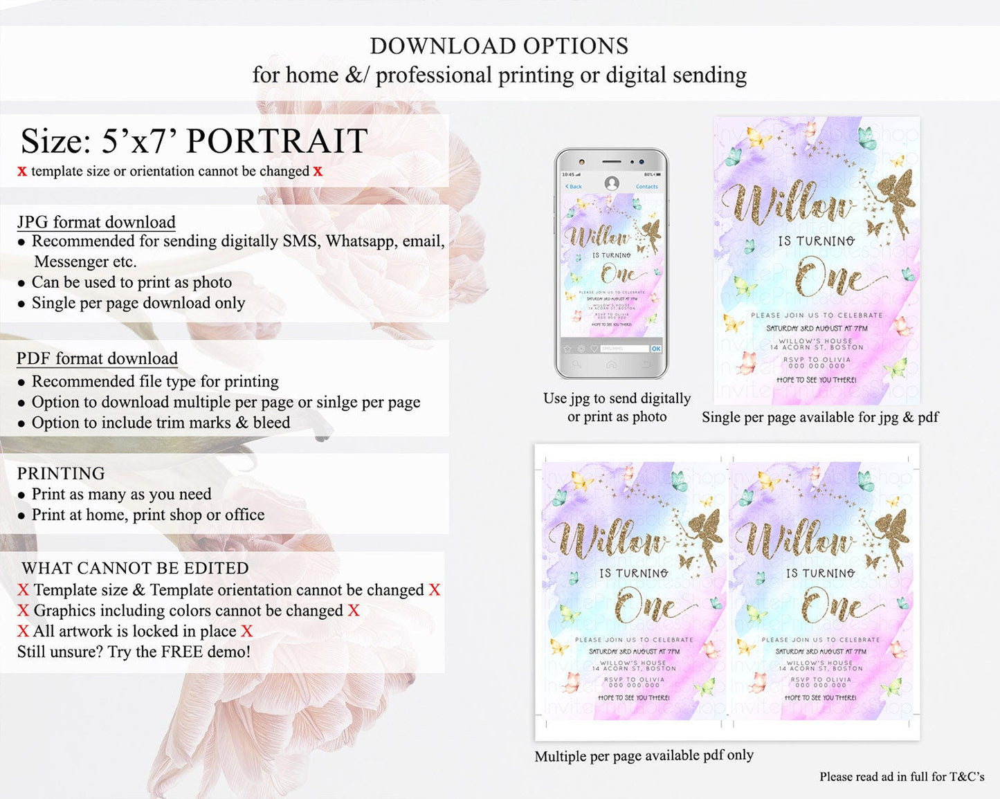 Pastel Fairy Birthday Invitation Pastel Butterflies Fairy Birthday Invitation Rainbow Ombre Watercolor 1st 2nd Birthday Invitation D23330
