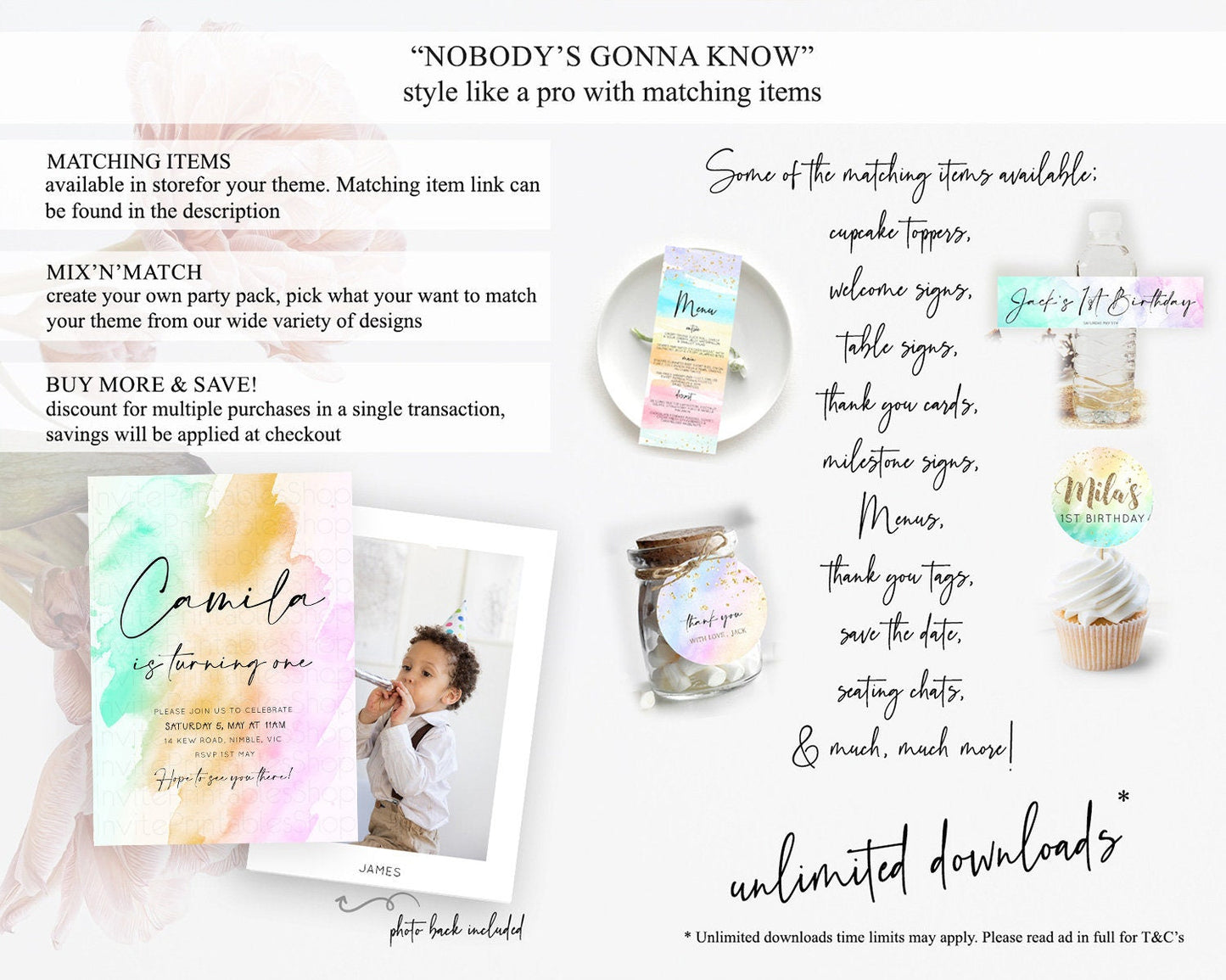 Rainbow Birthday Invitation Colorful Pastel Watercolor Invitation Gold Glitter Sprinkles Ombre Pastel 1st 2nd 3rd Birthday D10962