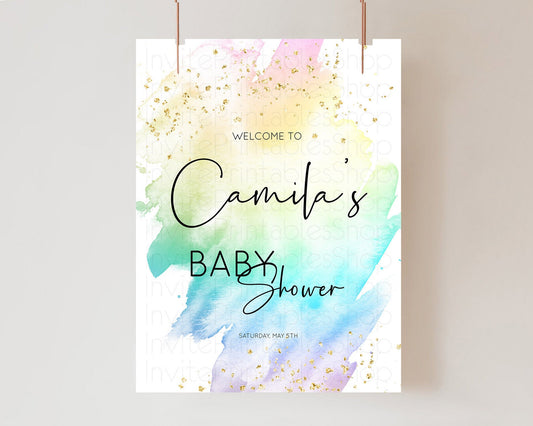 Pastel Baby Shower Welcome Sign Pastel Rainbow Welcome Sign Colorful Rainbow Confetti Watercolor Glitter Décor Pastel  Welcome Sign D10279