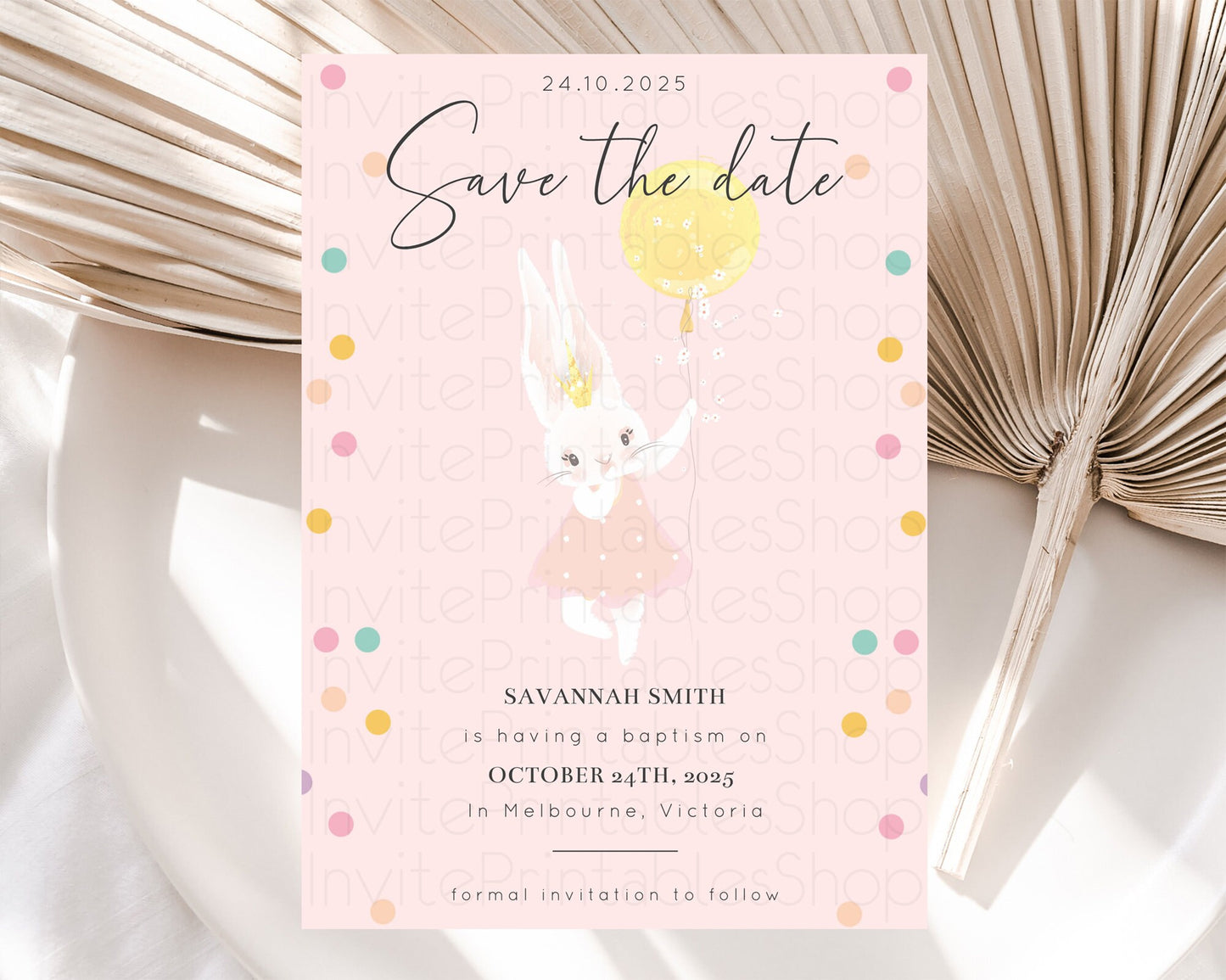 Bunny Balloon Save The Date Template Colorful Pastel Confetti Sprinkles Bunny Party Save The Date 1st Birthday Baby Shower Baptism D10219