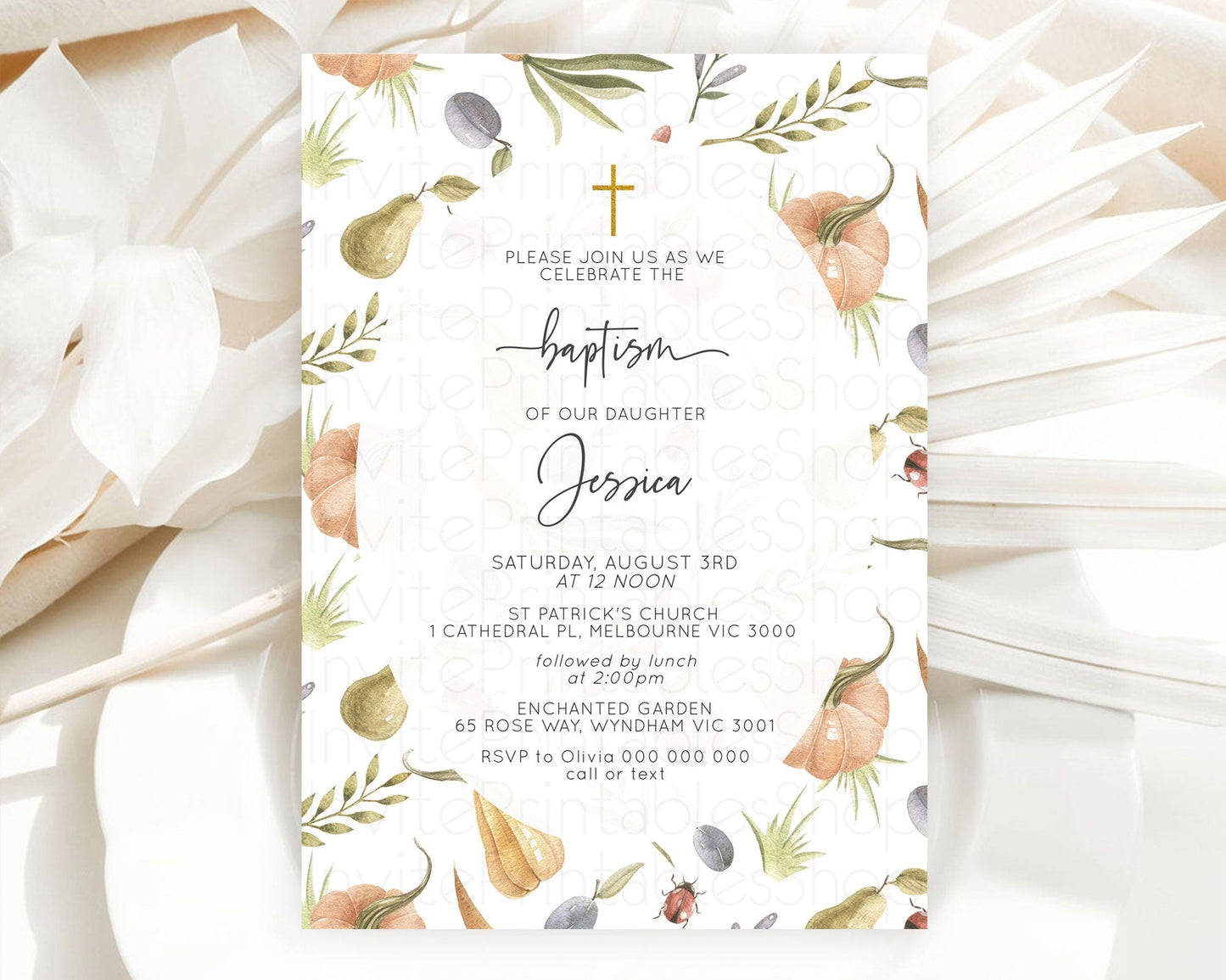 Pumpkin Baptism Invitation Pear Ladybug Plum Ladybug Baptism 1st Birthday Invitation Country Garden Holy Communion Theme D10543