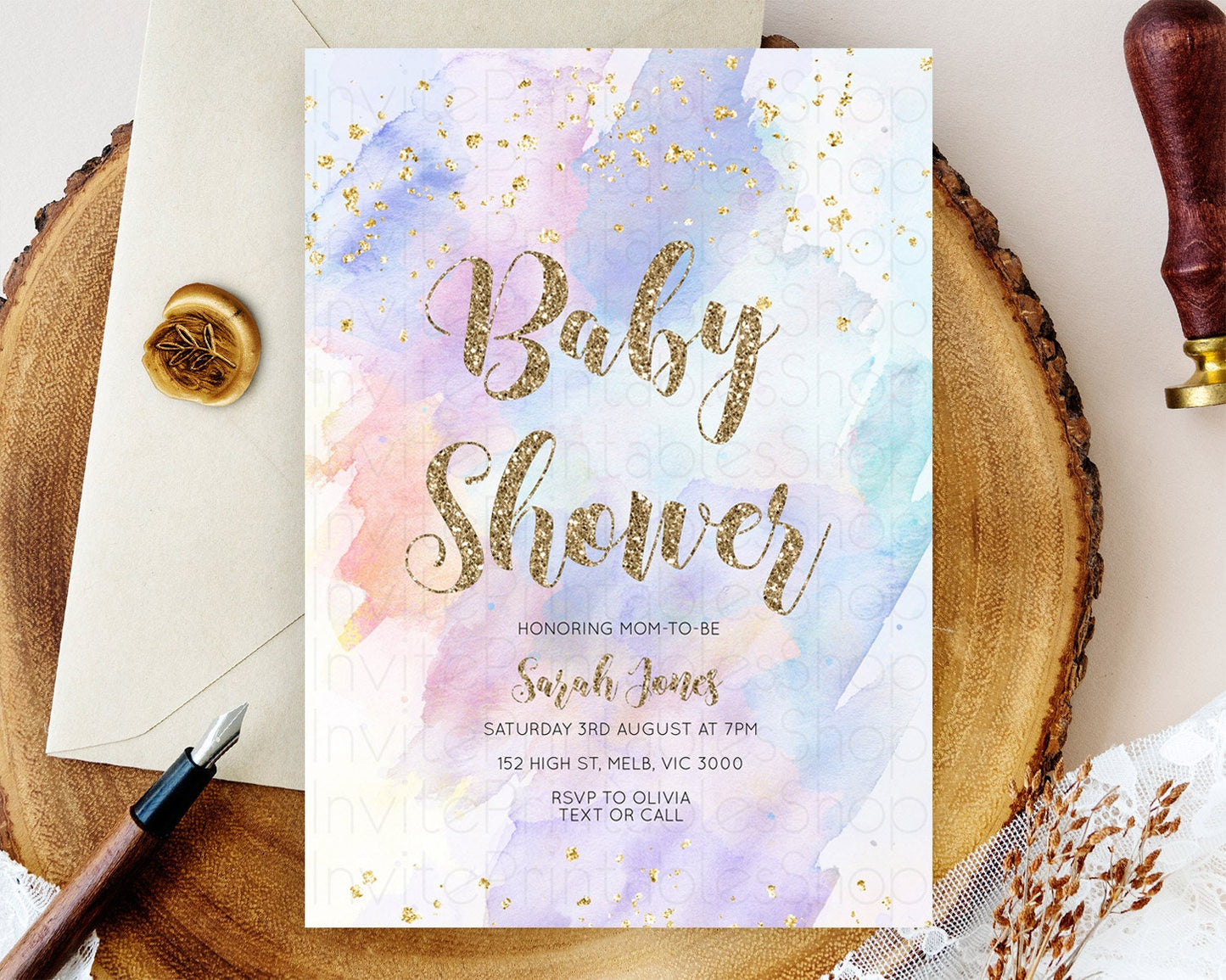 Pastel Baby Shower Invitation Rainbow Baby Shower Invitation Colorful Pastel Watercolor Invitation Gold Glitter Sprinkles Ombre D10583