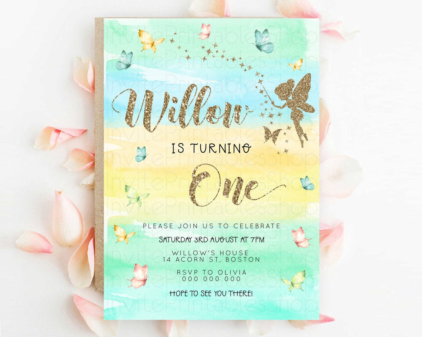 Pastel Fairy Birthday Invitation Pastel Butterflies Fairy Birthday Invitation Rainbow Ombre Watercolor 1st 2nd Birthday Invitation D23316