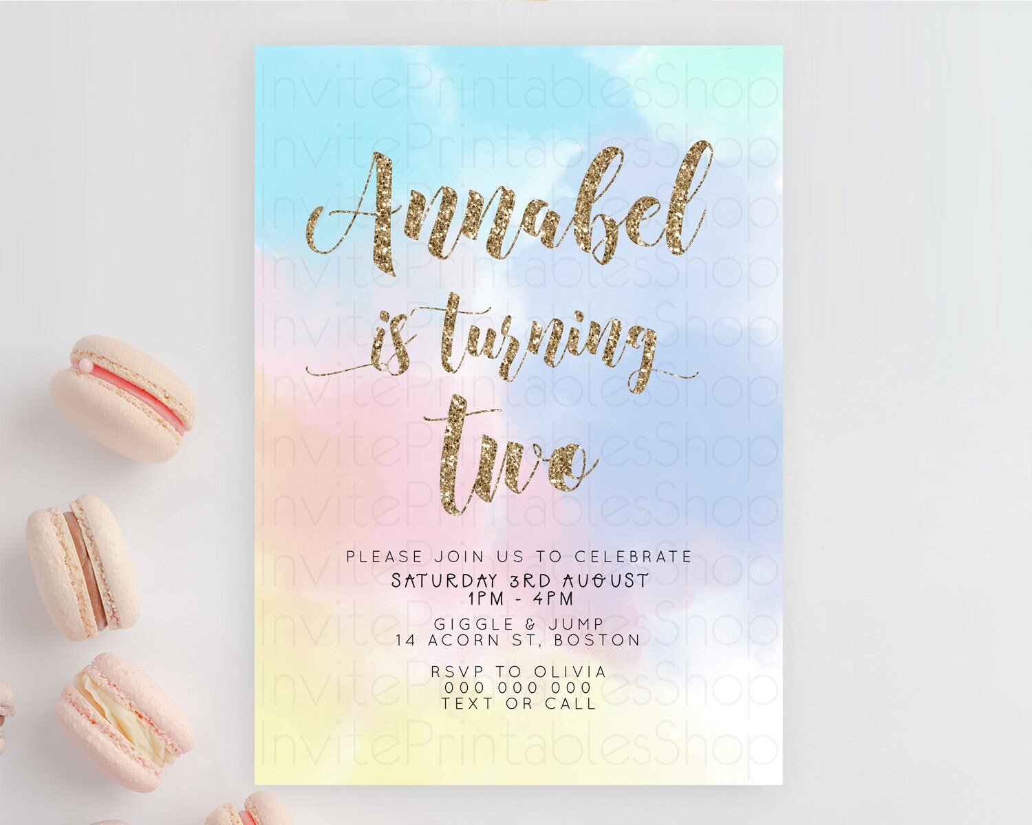 Editable Rainbow Birthday Invitation Colorful Pastel Watercolor Invitation G