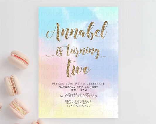 Editable Rainbow Birthday Invitation Colorful Pastel Watercolor Invitation G