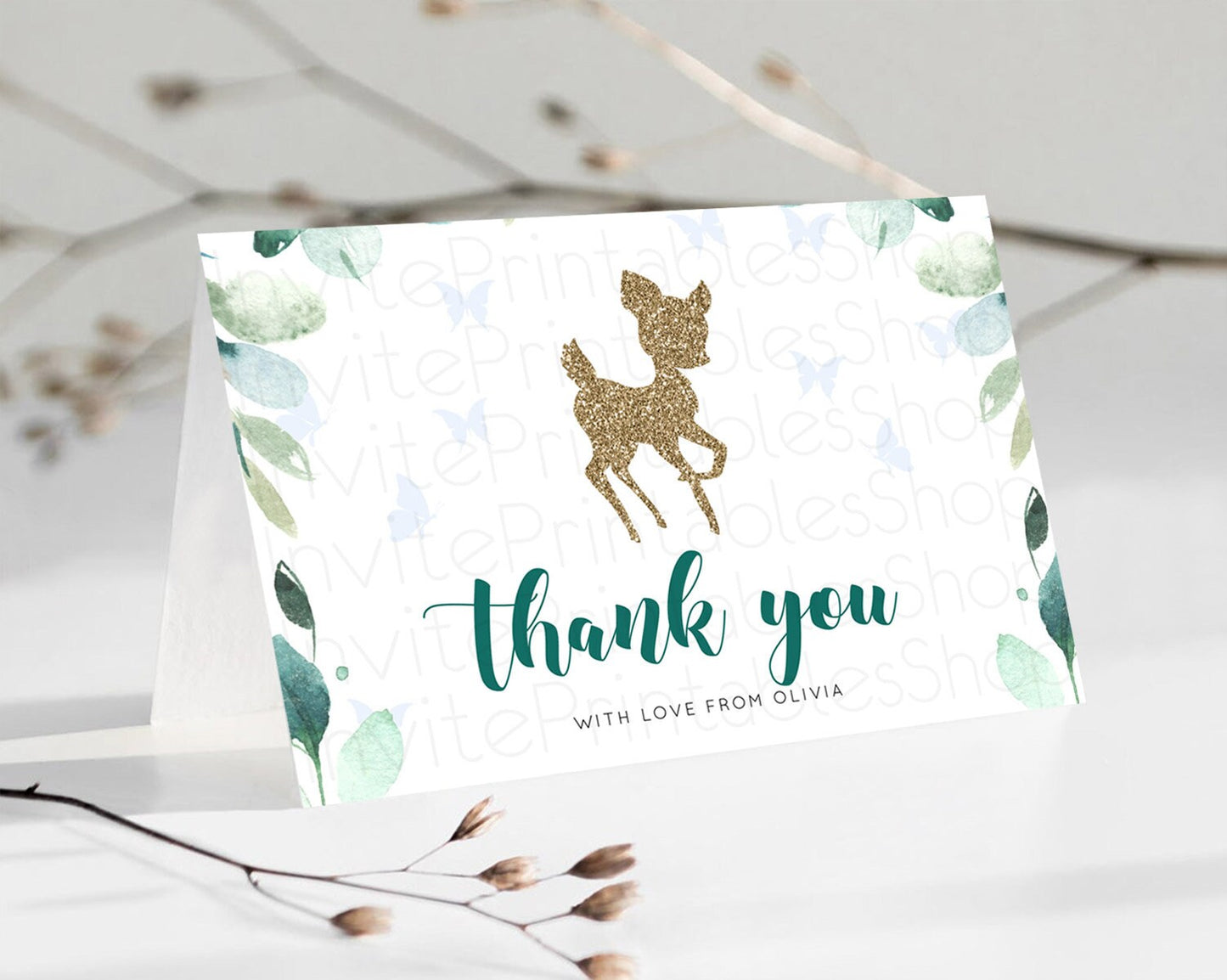 Editable Fawn Thank You Deer Thank You Card Pastel Floral Deer Birthday Than