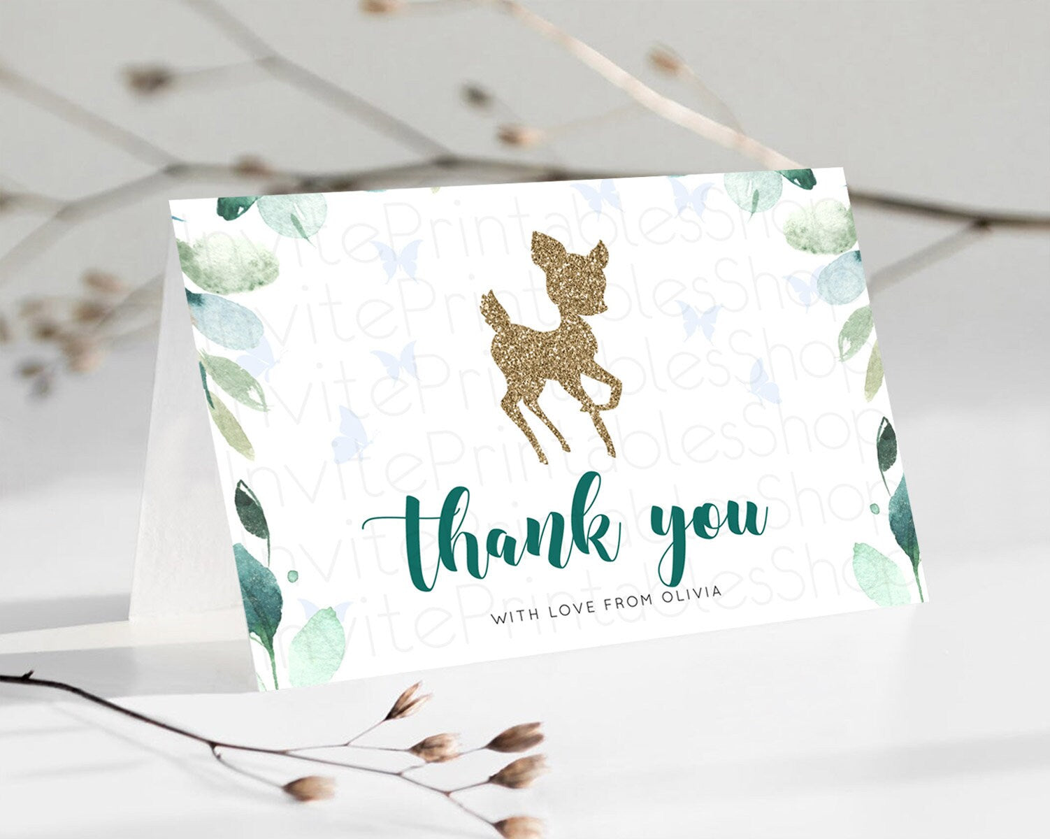 Editable Fawn Thank You Deer Thank You Card Pastel Floral Deer Birthday Than