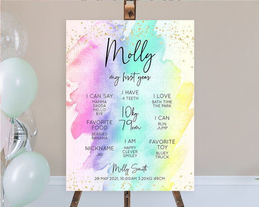 Pastel First Birthday Milestone Board Pastel Rainbow Milestone Poster Colorful Confetti Watercolor Glitter 1st Birthday Welcome Sign D10231