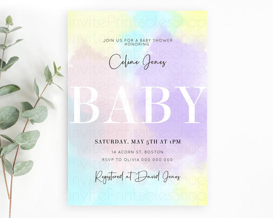 Pastel Baby Shower Invitation Rainbow Baby Shower Invitation Colorful Pastel Watercolor Invitation Gold Glitter Sprinkles Ombre D10617