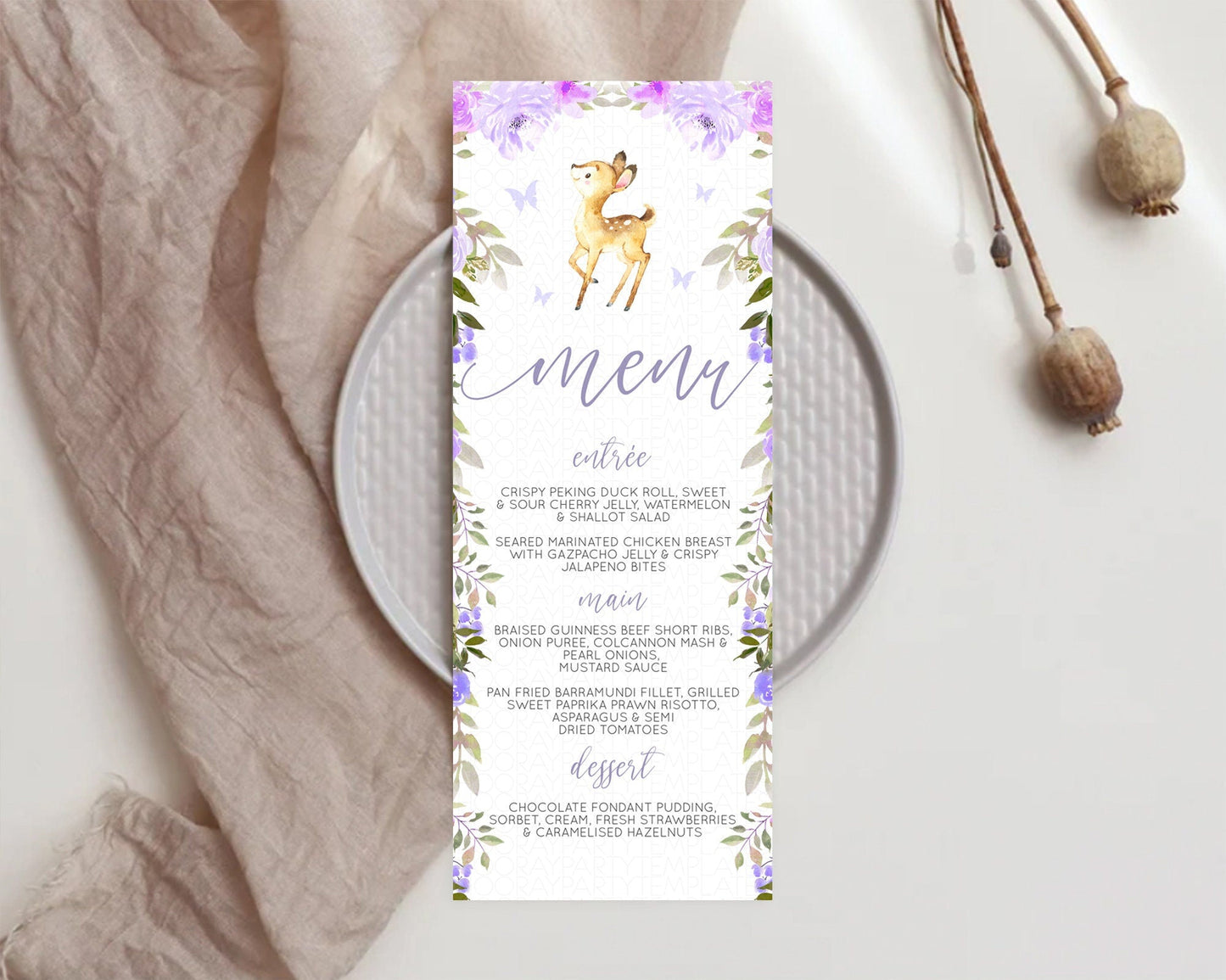 Fawn Menu Deer Menu Template Pastel Floral Deer Table Decor Enchanted Forest Butterfly Floral Dinner Dessert Menu Party Food Menu D10916