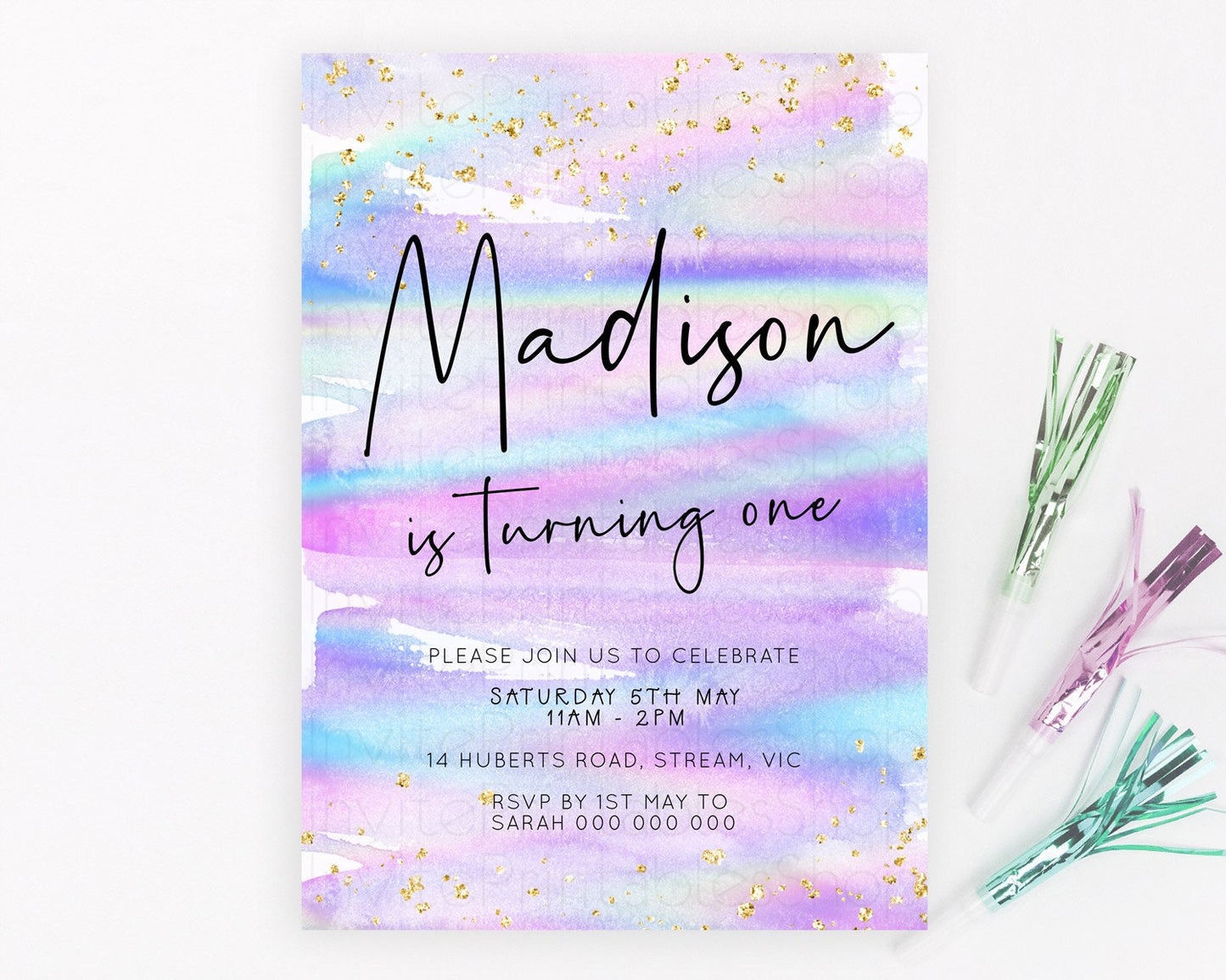 Pastel Birthday Invitation Ombre Watercolor Birthday Invitation Glitter Rainbow Color Splash 1st 2nd 3rd Birthday Invitation D23031