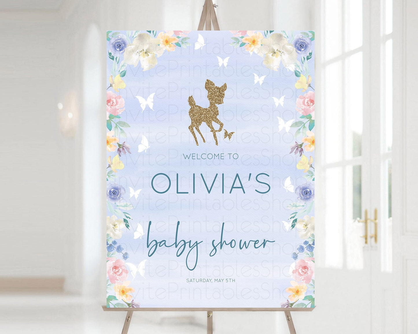 Fawn Baby Shower Welcome Sign Deer Welcome Board Floral Deer Welcome Poster Enchanted Forest Butterfly Pastel Floral Welcome Sign D10879