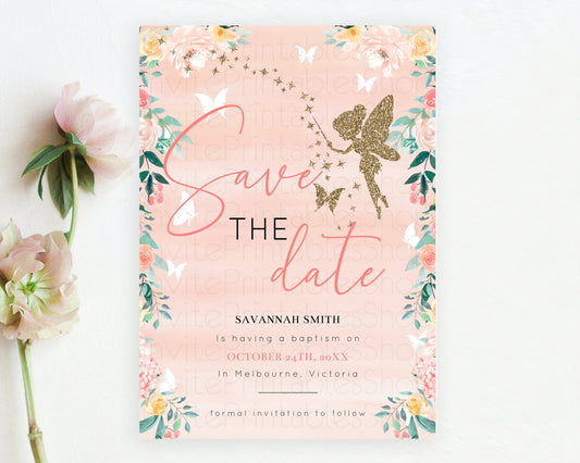 Editable Fairy Save The Date Template Enchanted Garden Pastel Floral Butterf