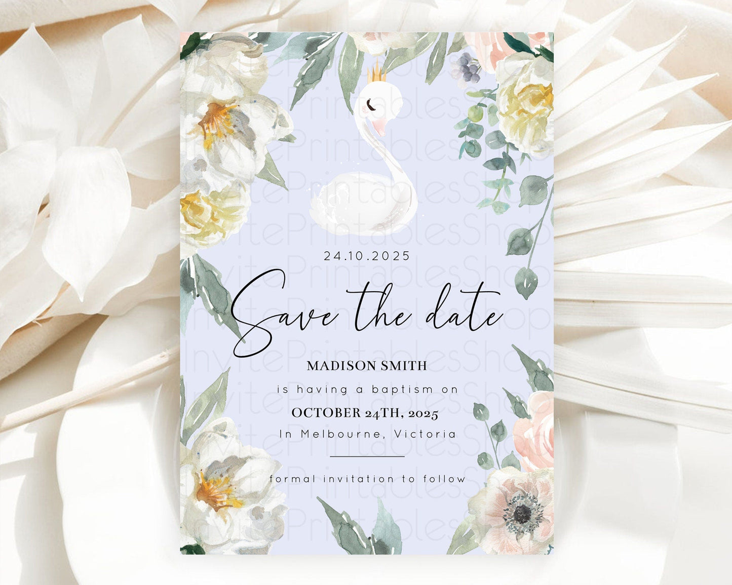 Swan Save The Date Template Swan Princess Ballet Party Enchanted Swan Lake Secret Garden Pastel Floral Birthday Baptism Baby Shower D10756