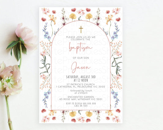 Secret Garden Baptism Invitation Wildflower Baptism Birthday Invite Pastel Flowers Christening Invite Enchanted Garden Boho Floral  D10682