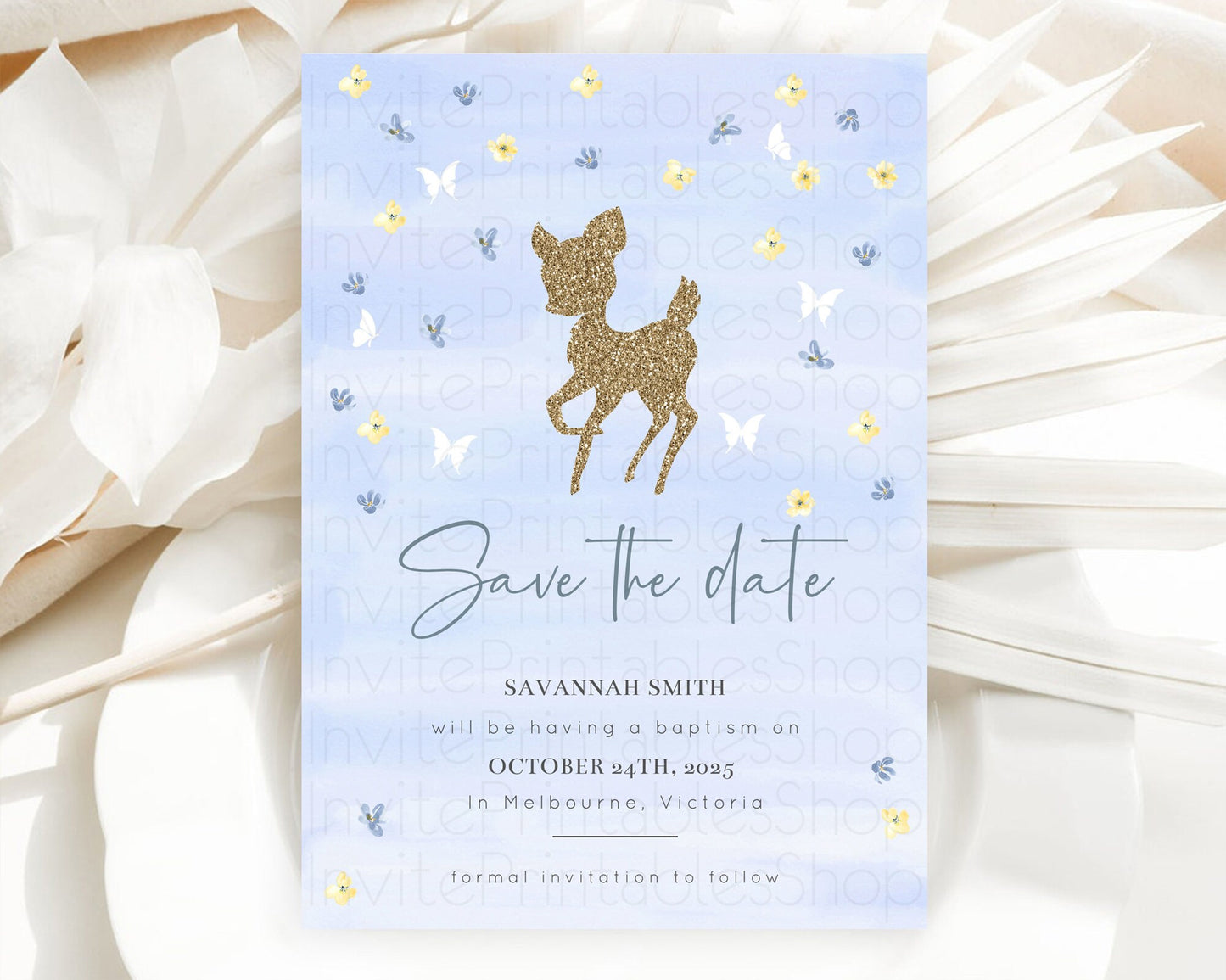 Fawn Deer Save The Date Template Pastel Floral Deer Enchanted Forest Butterfly Party 1st Birthday Baptism Baby Shower Bridal Shower D10863