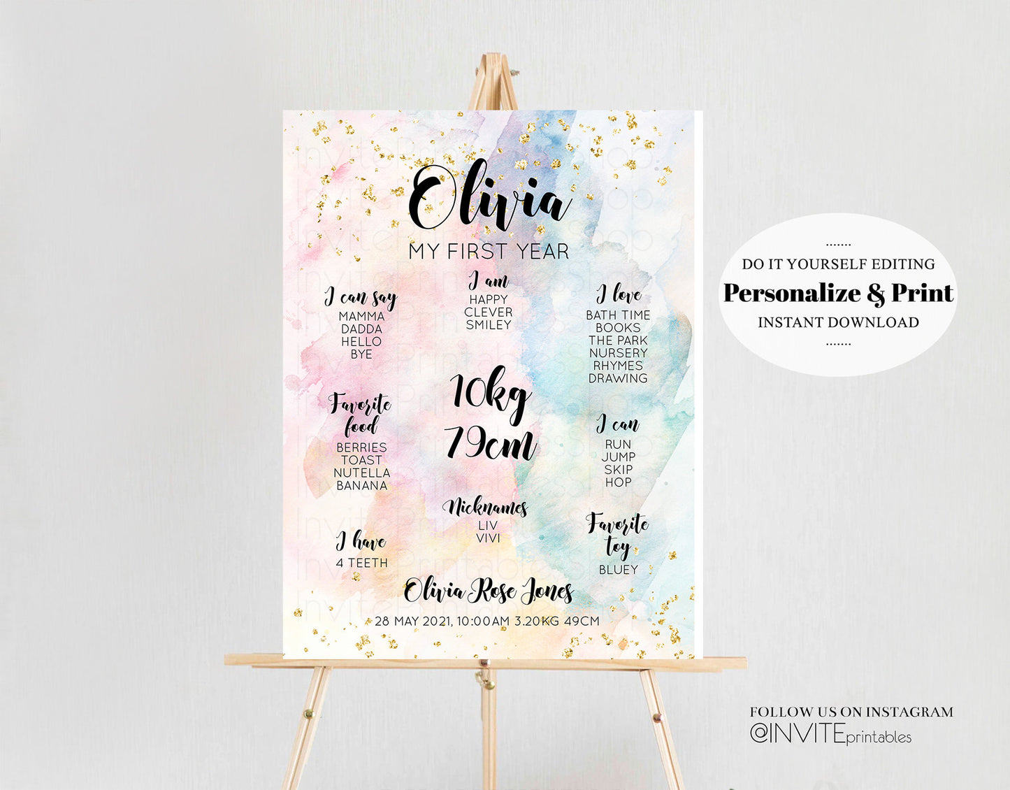 Watercolor Rainbow Baby Milestone Board First Birthday Poster Welcome Board 1st Birthday Keepsake Sign Colorful Splash Pastel Glitter 276