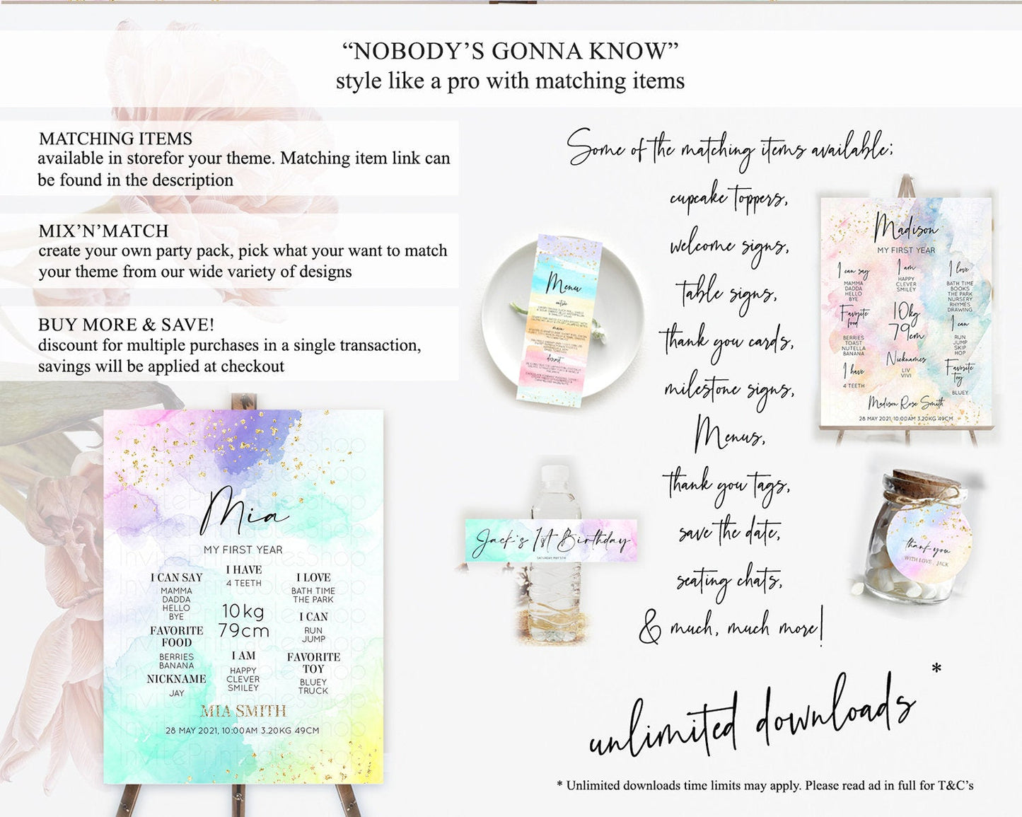 Pastel First Birthday Milestone Board Pastel Rainbow Milestone Poster Colorful Confetti Watercolor Glitter 1st Birthday Welcome Sign D10157