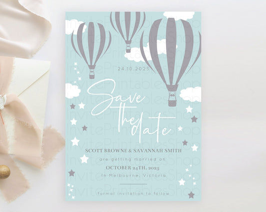 Hot Air Balloon Save The Date Template Adventure Awaits Mr. ONEderful Party 1st Birthday Baptism Baby Shower D10324