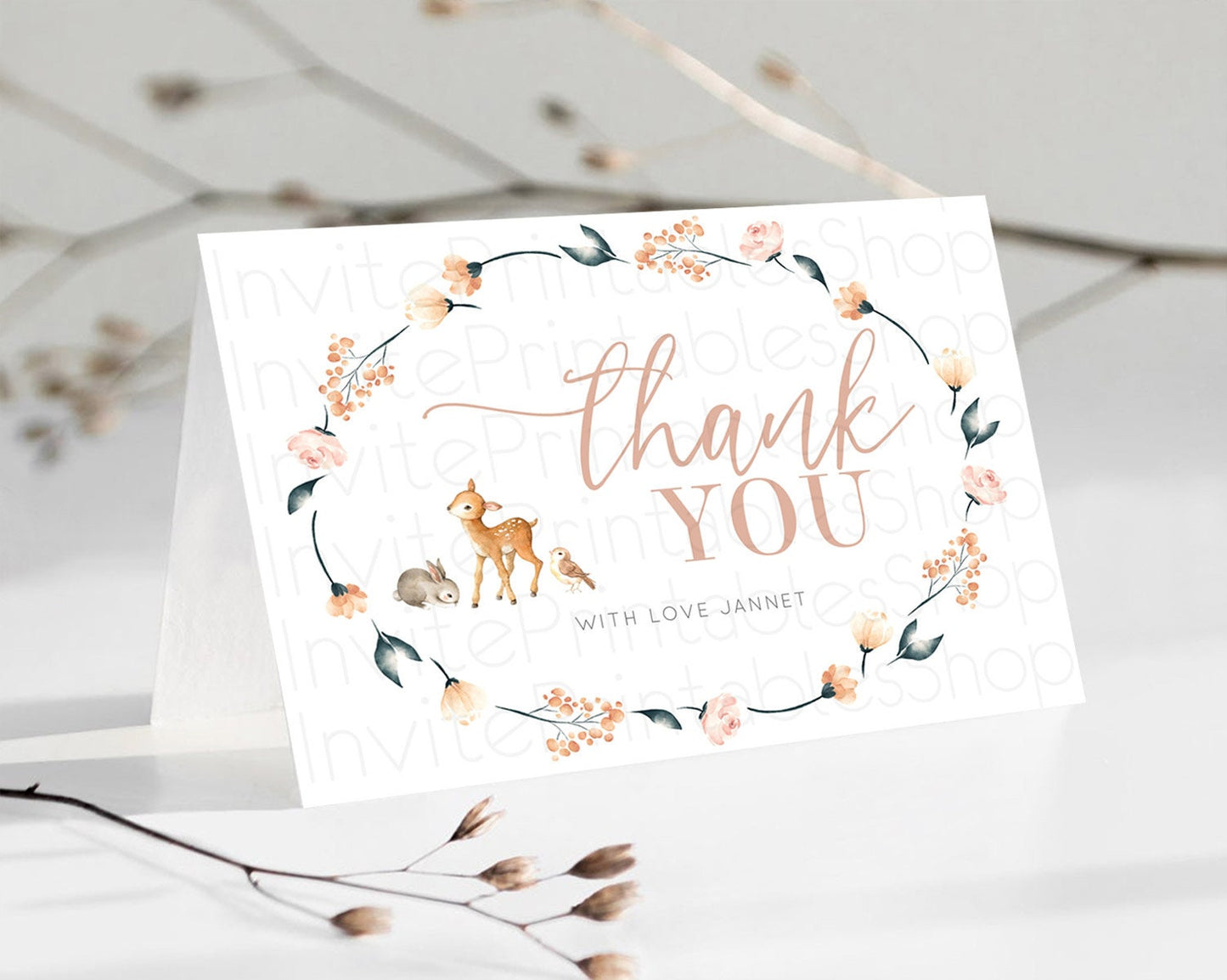 Fawn Thank You Deer Thank You Card Pastel Floral Deer Birthday Thank You Card Enchanted Forest Butterfly Deer Teacher Thank You Card D10241