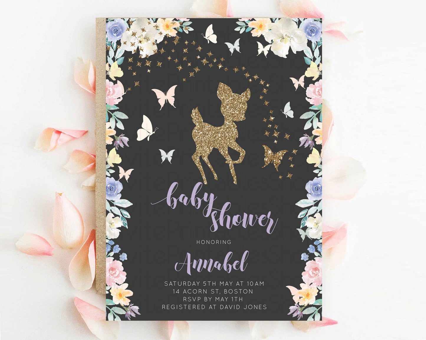 Fawn Baby Shower Invitation Deer Baby Shower Invites Enchanted Forest Theme Butterfly Pastel Flowers Whimsical Baby Shower D10880