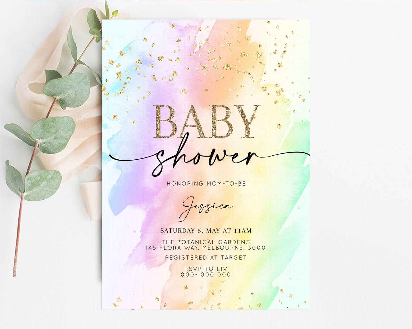 Rainbow Baby Shower Invitation Pastel Baby Shower Invitation Watercolor Ombre Invitation Rainbow Pastel Colors Invite Glitter Confetti t602